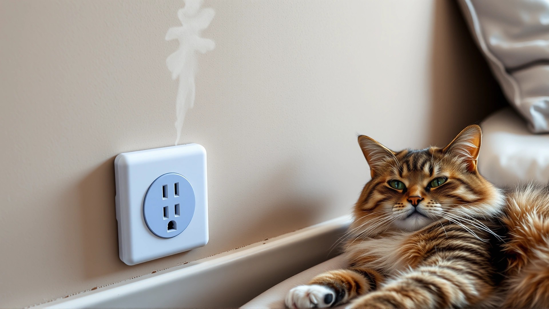 A plug-in feline pheromone diffuser inserted into a bedroom wall outlet with a relaxed cat lying nearby.