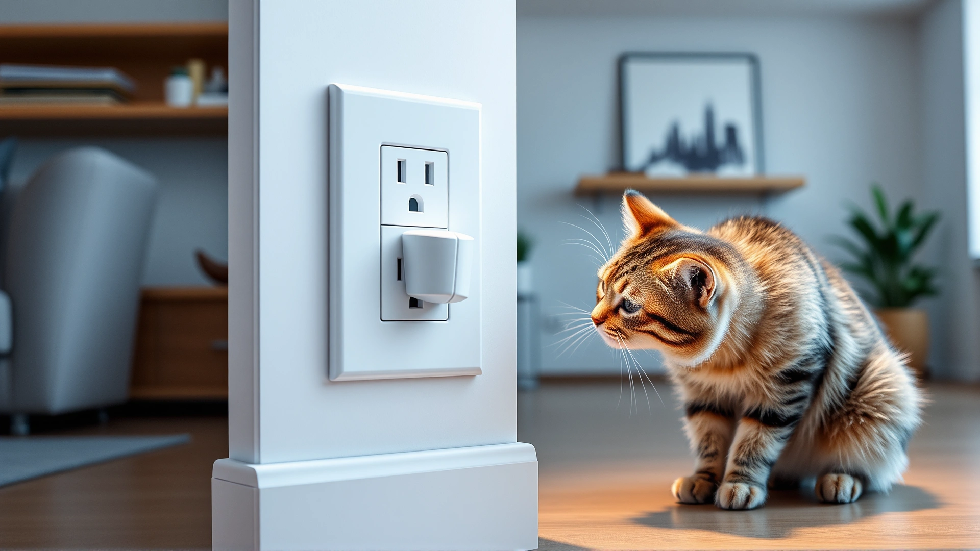 Wall outlet with a cat pheromone diffuser plugged in; a curious cat sniffs it in a modern living room setting.
