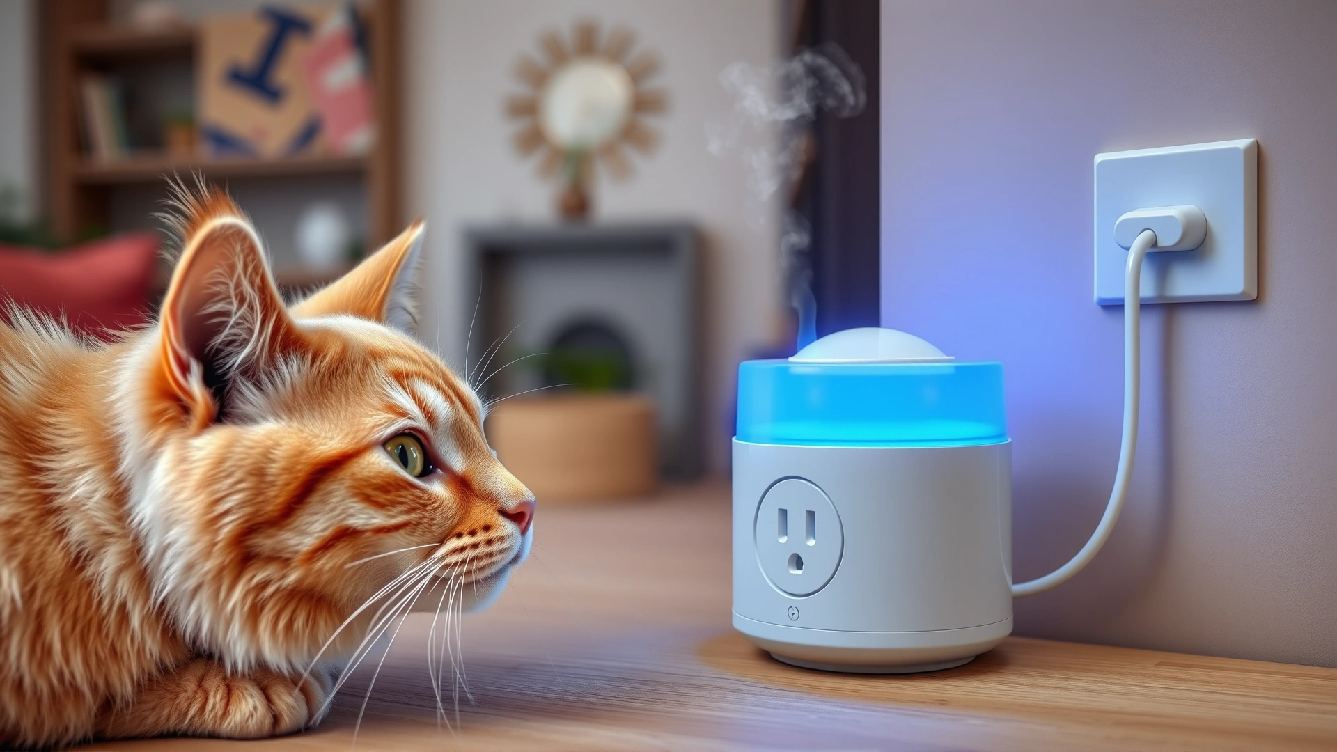 Close-up of an electric feline pheromone diffuser plugged into a wall socket in a cozy living room, no text