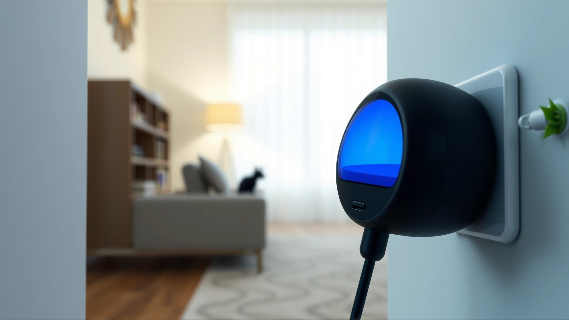 Close-up of a plug-in pheromone diffuser in a modern living room outlet with a subtle cat silhouette in the background.