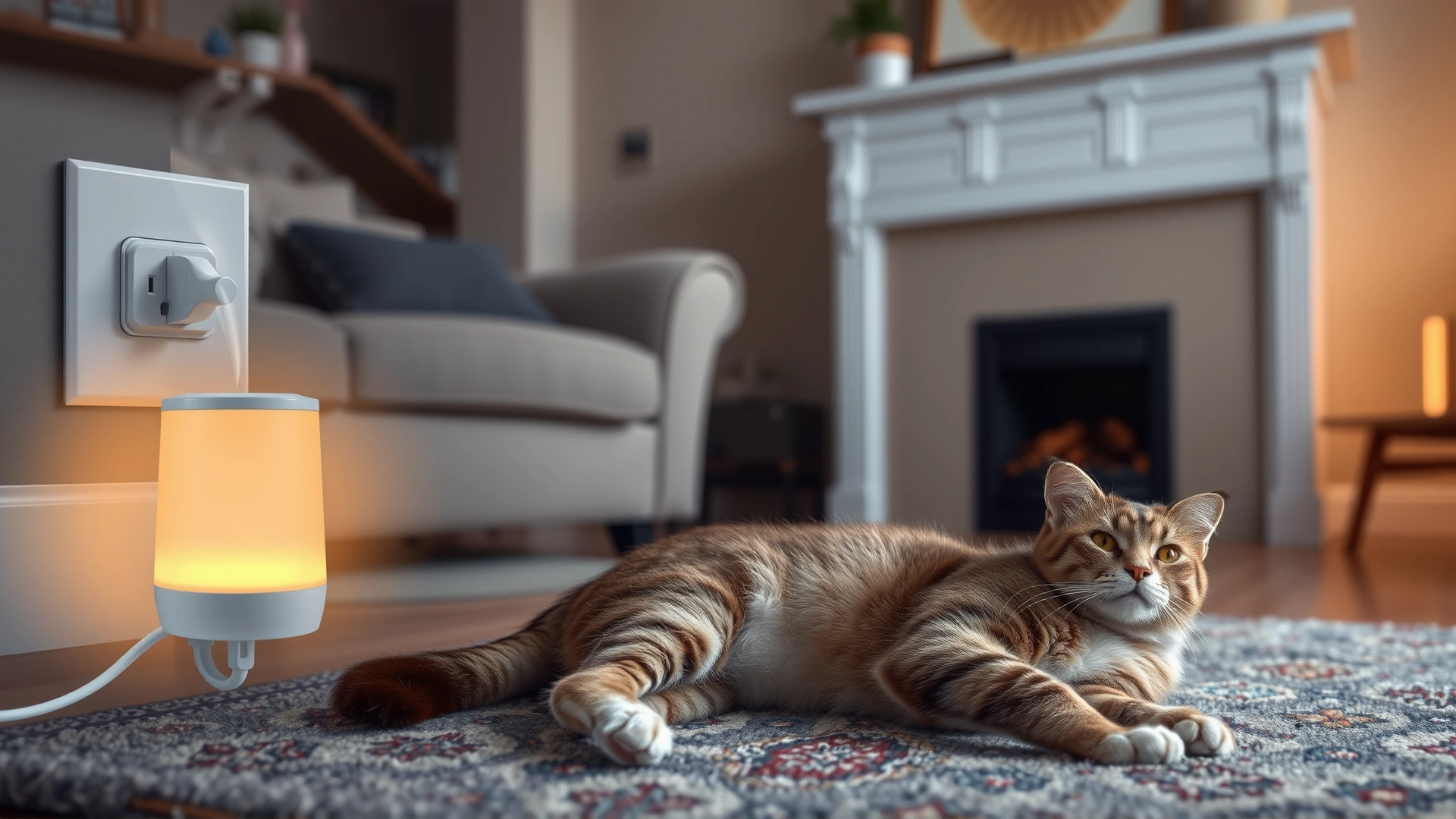 Cozy living room scene with a plug-in cat pheromone diffuser glowing softly in an electrical outlet while a relaxed cat lounges nearby on a rug.