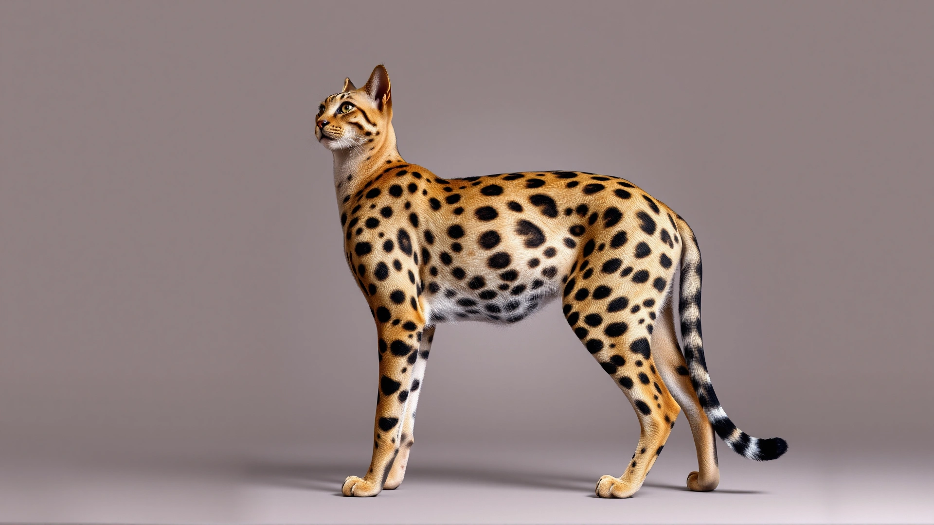 Full-body side profile of an Egyptian Mau standing alert on a neutral background to highlight its muscular build and natural spotted coat, studio lighting.