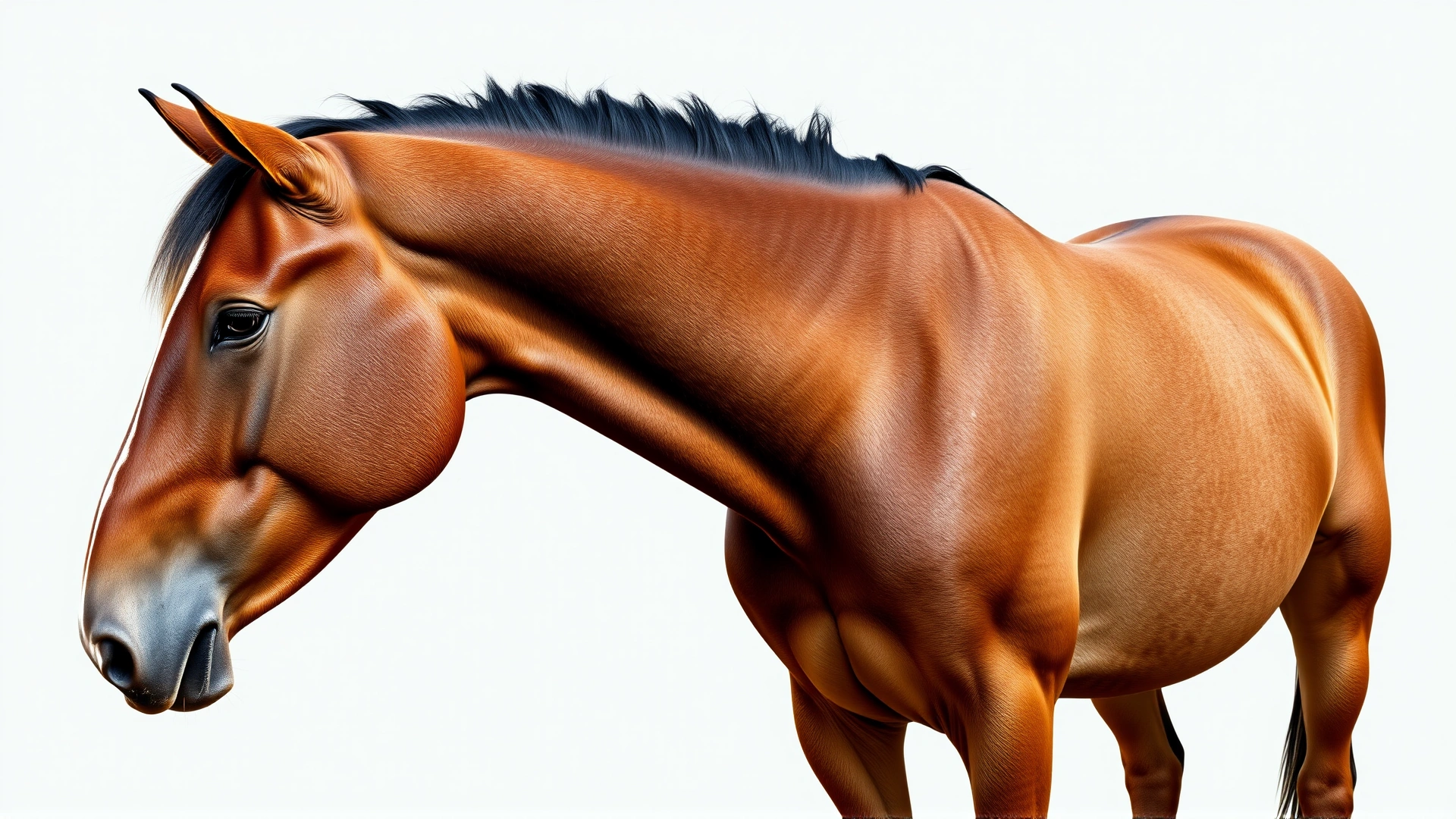 Close-up side profile of a French Ardennais horse, focusing on its thick neck, broad chest, and feathered legs, neutral background