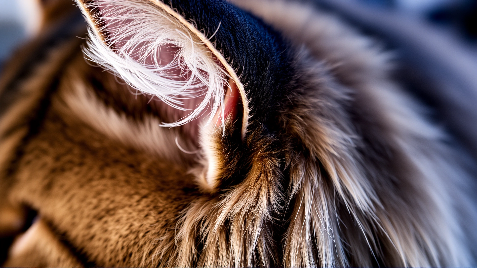 Macro shot focusing on a Maine Coon’s tufted ear and thick, patterned fur for texture detail.