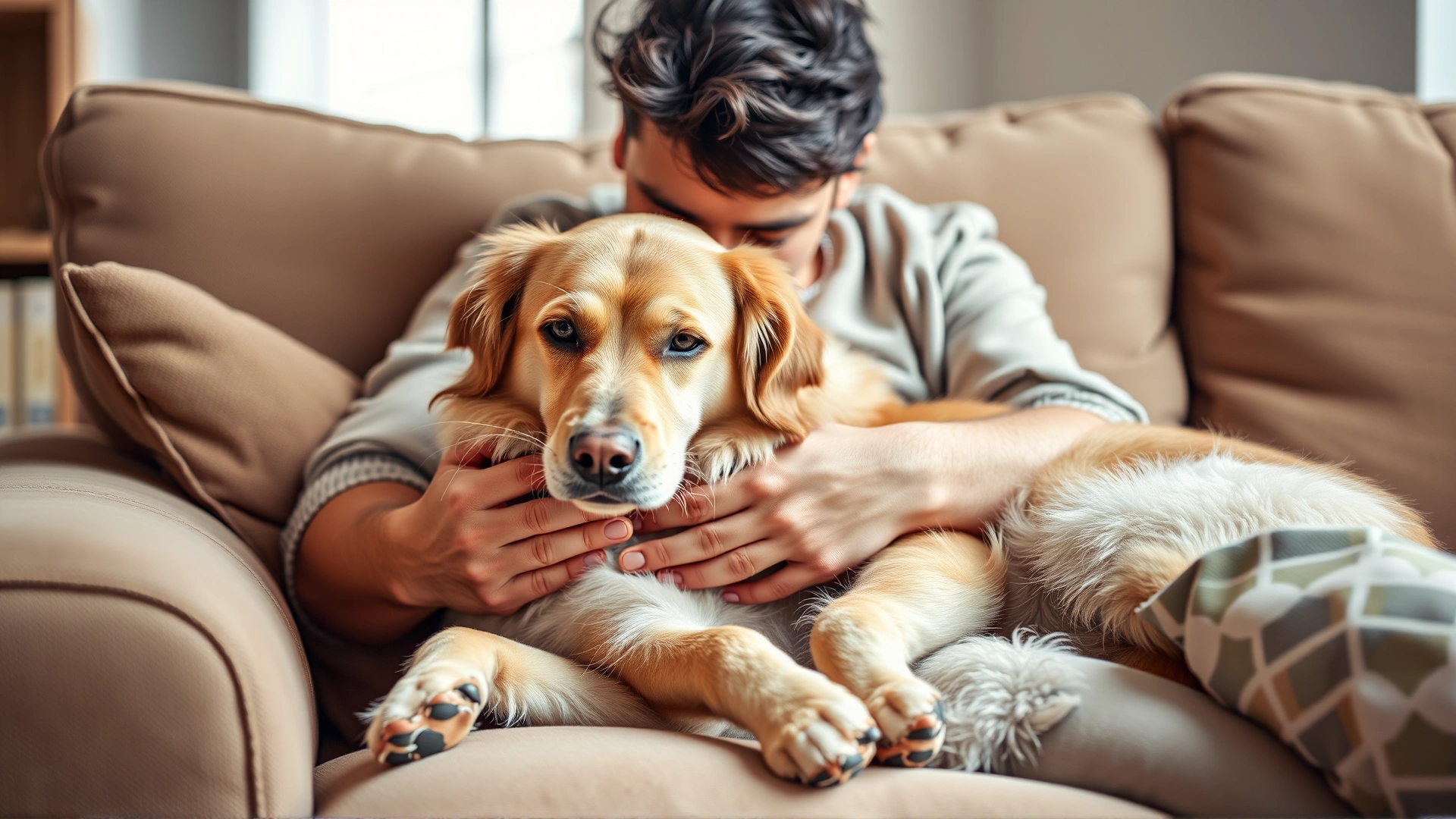 Owner gently hugging and calming a medium-sized dog on a cozy sofa