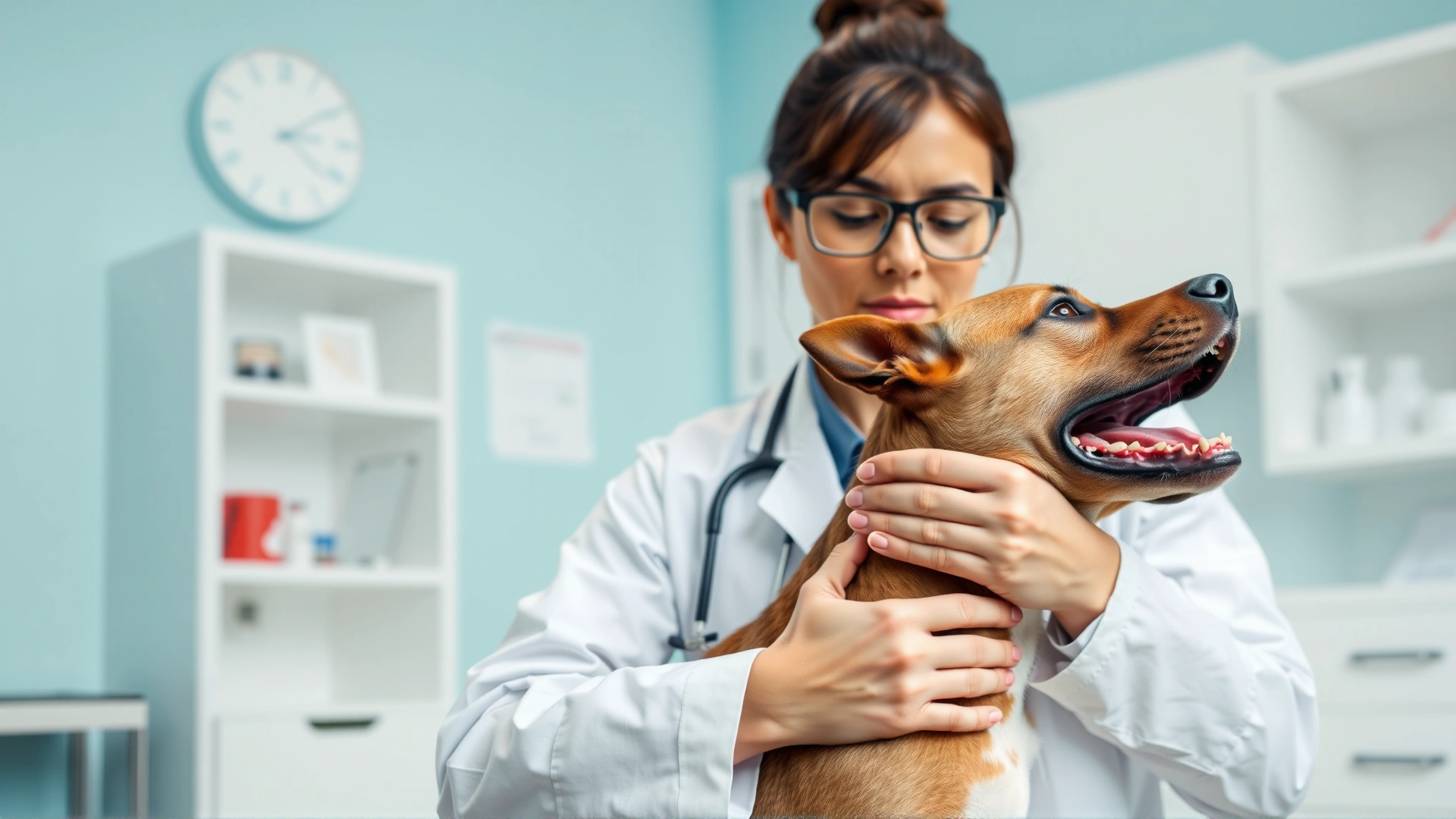 Veterinarian palpating a dog's neck during a routine physical examination in a bright clinic, no text.