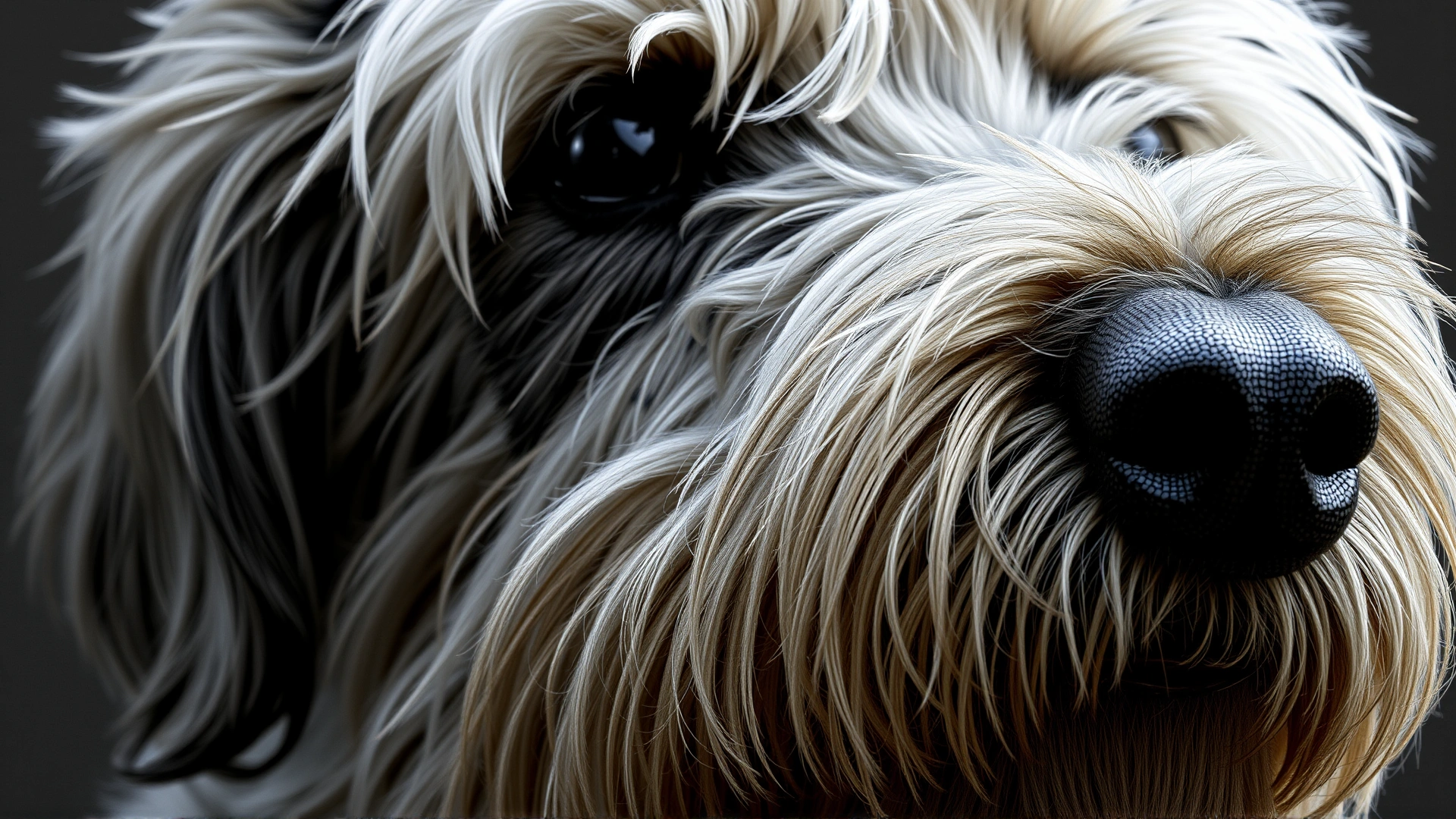 High-resolution portrait of a Spinone Italiano’s head showing wiry eyebrows, long beard and speckled coat texture
