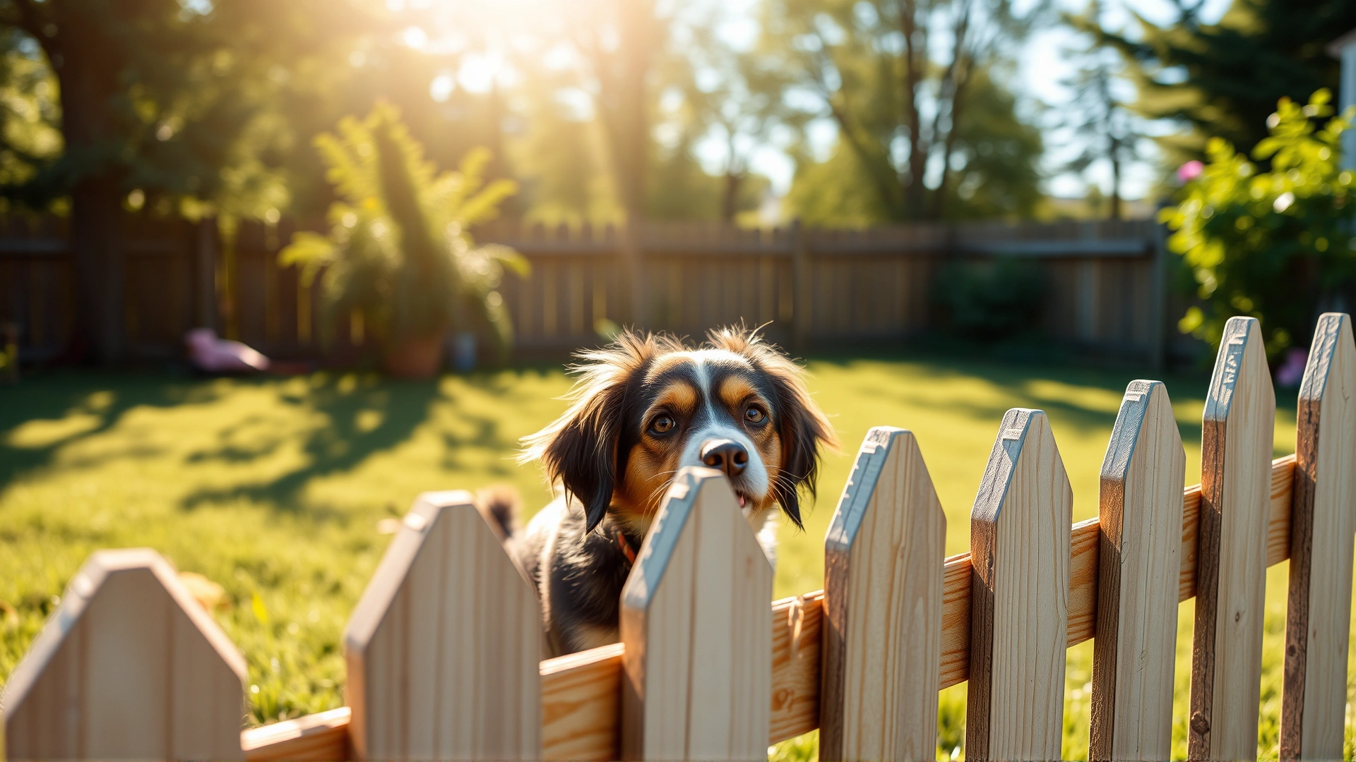 Wooden picket fence surrounding a yard, with a dog playfully looking through the gaps on a bright afternoon