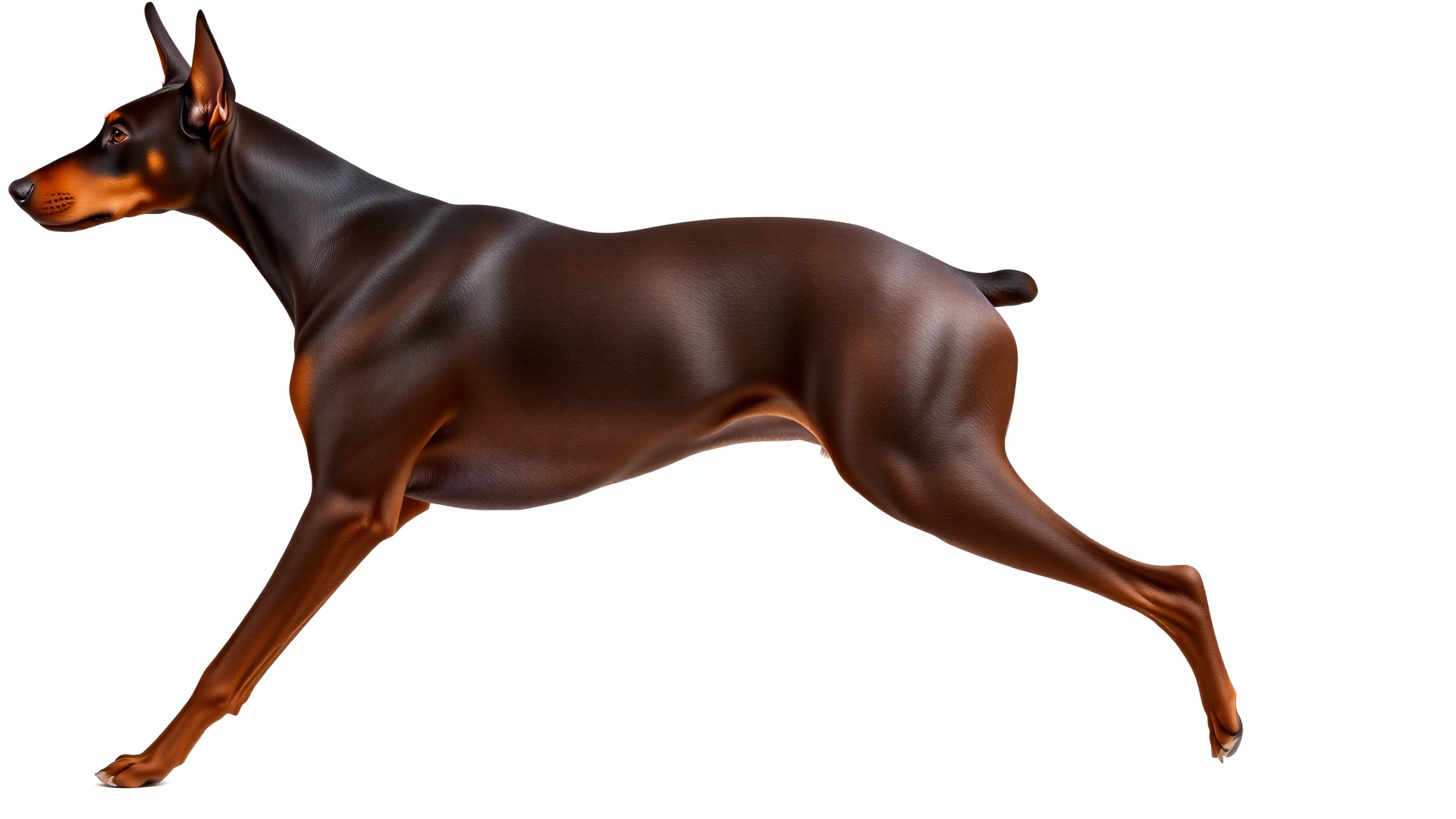 Full-body side profile of a Doberman Pinscher standing on a white seamless background, highlighting its athletic proportions.