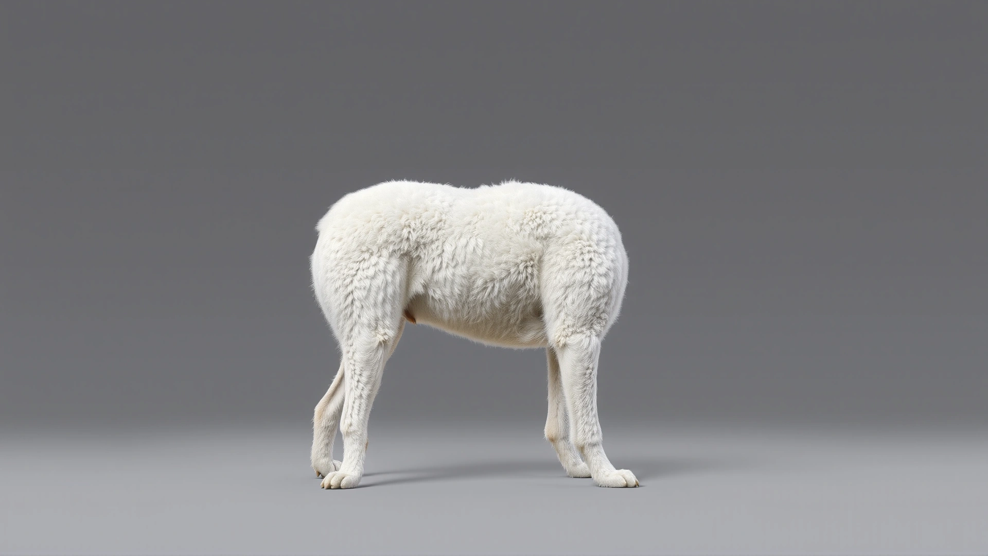 Side profile of an adult Kuvasz standing on a neutral gray background to clearly showcase its body proportions, no text