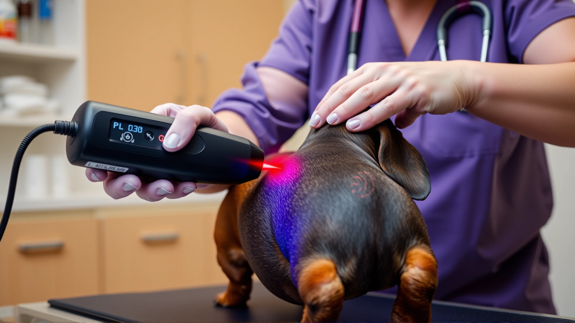 Veterinary physiotherapist using a handheld laser therapy device on a dachshund's lower back in a professional clinic