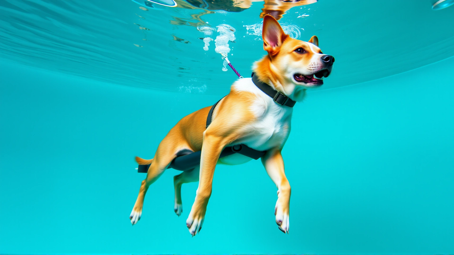 Three-legged dog performing underwater treadmill hydrotherapy guided by a canine rehabilitation therapist.
