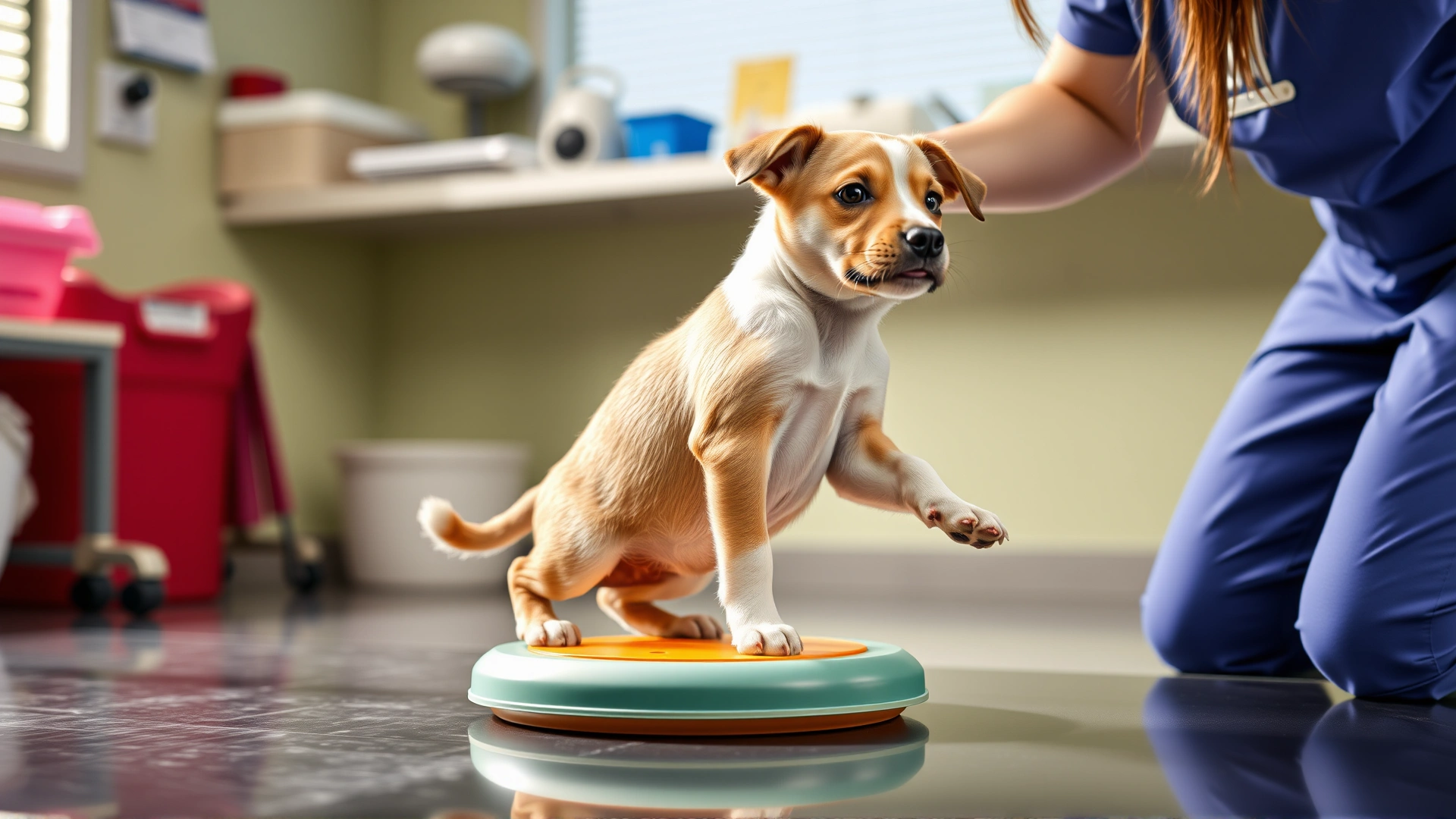 A puppy performing balance exercises on a small rehab disc with assistance from a vet technician, bright clinical setting