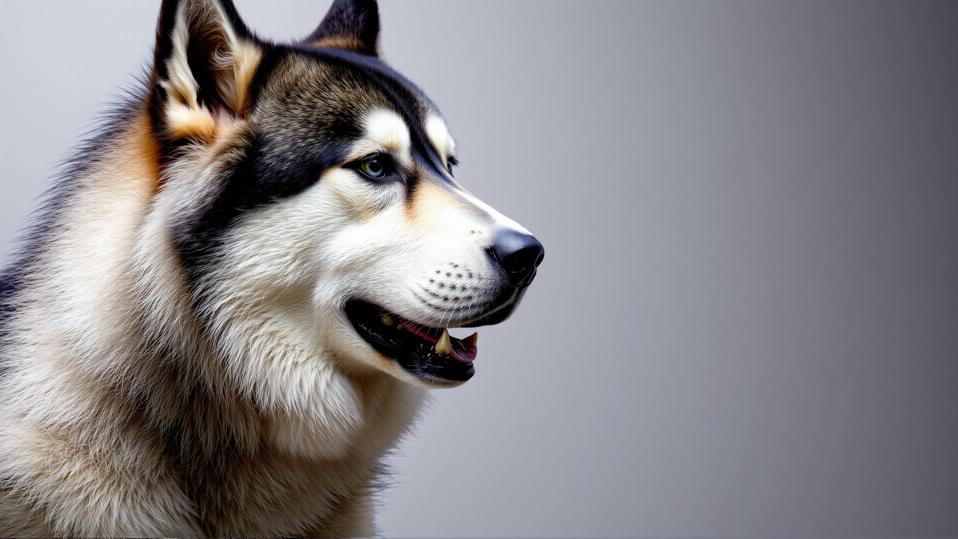 Close-up side profile of an adult Alaskan Malamute highlighting its thick double coat, upright ears, and plume-like tail against a neutral backdrop.