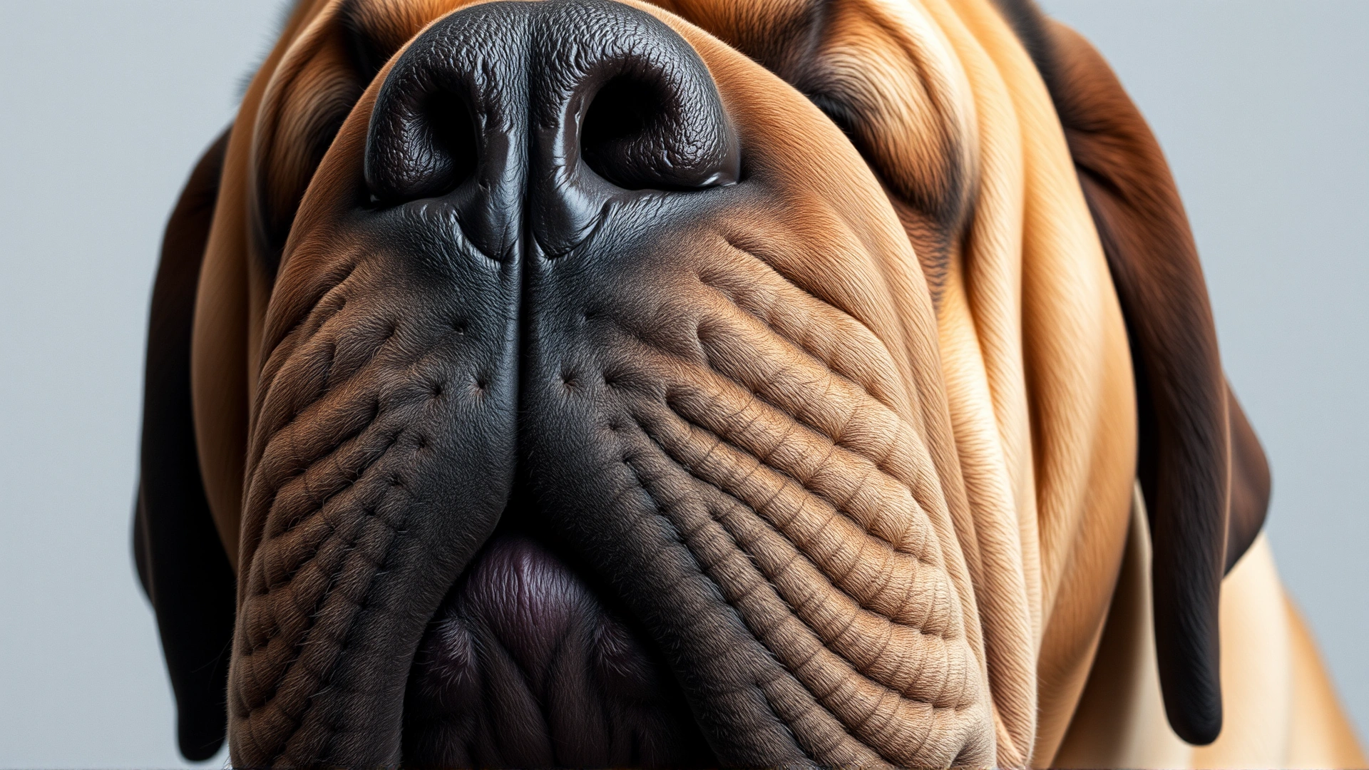 Close-up portrait of a Neapolitan Mastiff's face focusing on its deep wrinkles, droopy eyes, and massive jowls, neutral background.