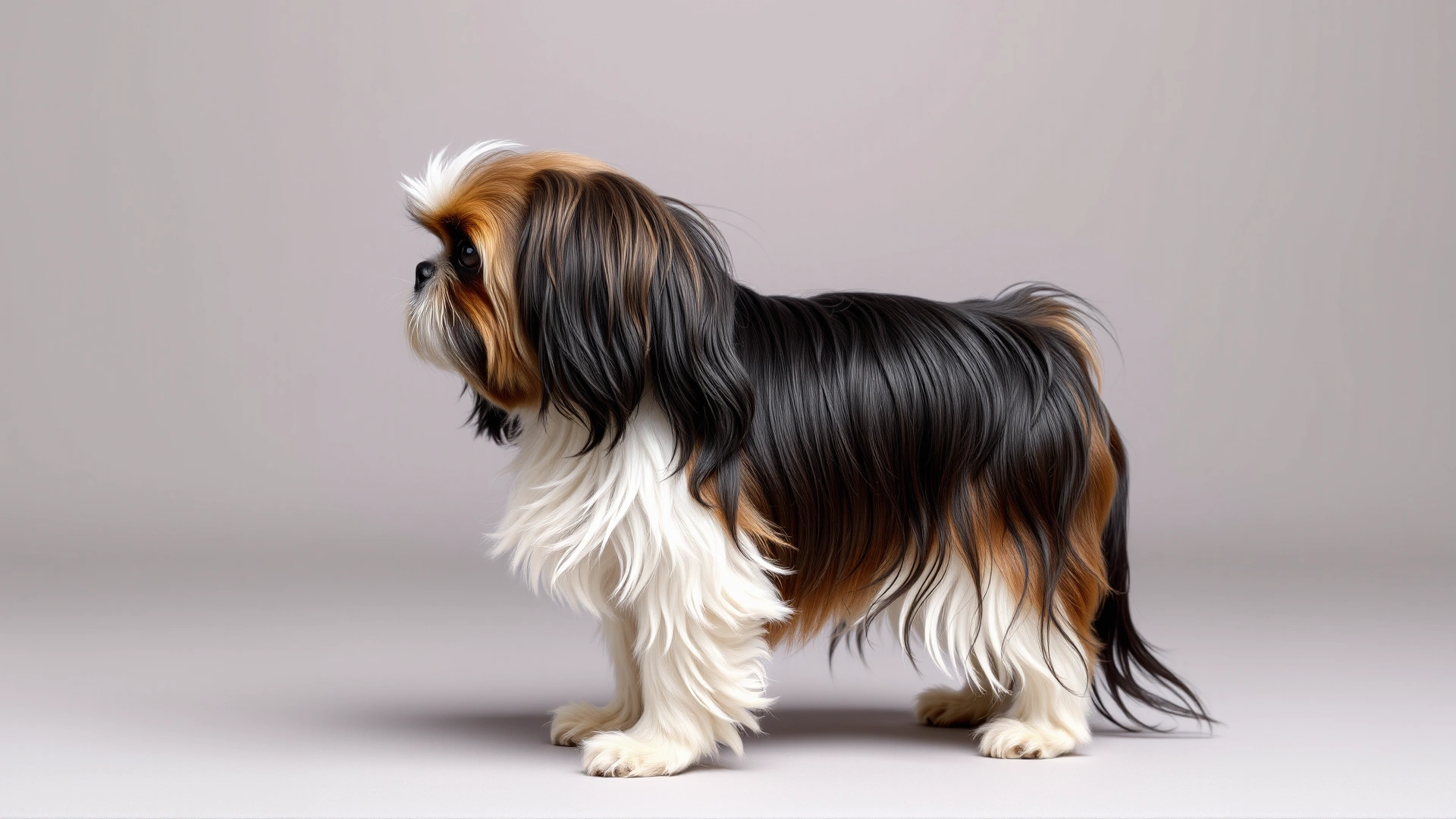 Studio profile shot of a well-groomed Shih Tzu standing on a neutral background, showing full body and long flowing coat