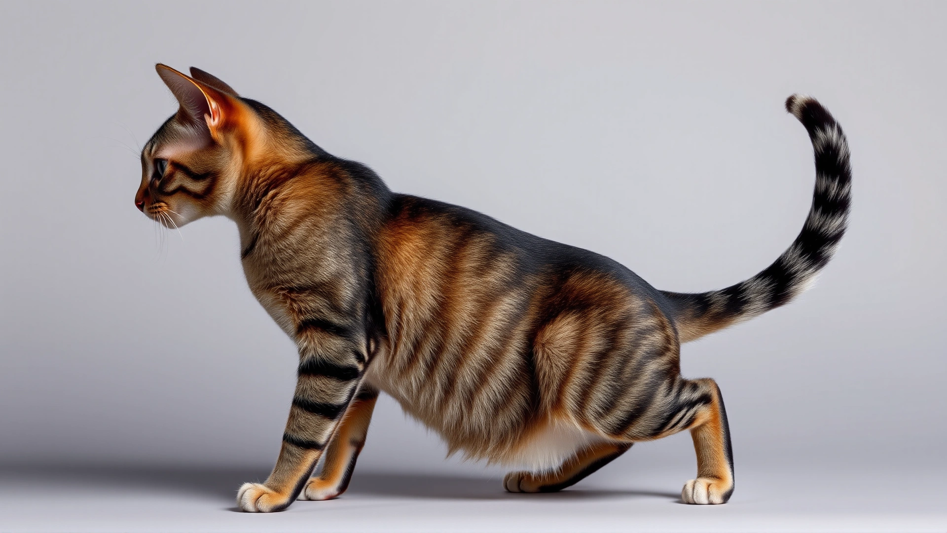 Side profile of a Pixiebob cat highlighting its muscular build, polydactyl front paws, and short bobbed tail; neutral studio background.