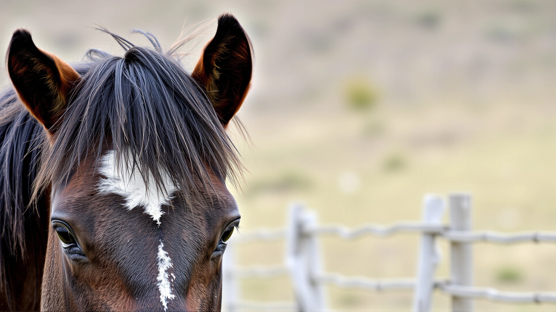 Close-up portrait of an Albanian horse's head showing its convex profile, thick mane, and alert eyes, photographed outdoors with blurred natural background