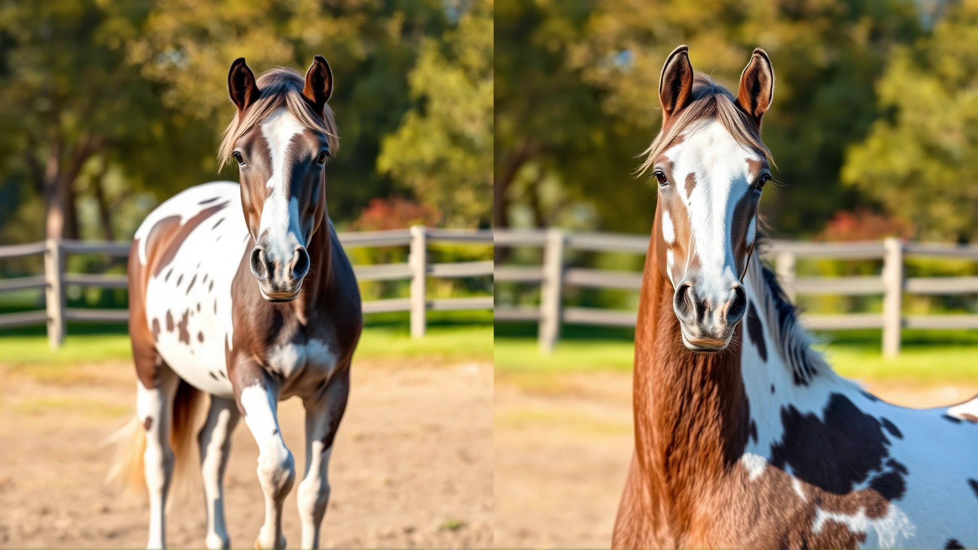 Side-by-side comparison of two Falabella horses displaying different coat patterns (pinto and appaloosa) in an outdoor paddock