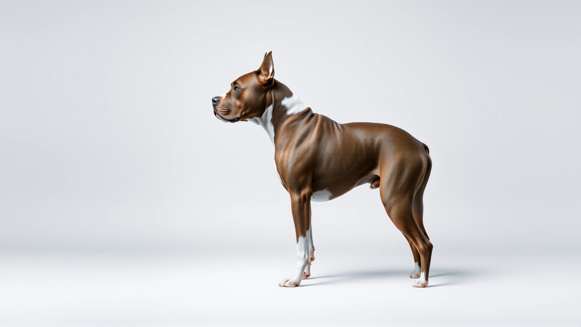 Side-profile shot of a muscular American Pit Bull Terrier standing alert against a neutral backdrop to highlight its physique