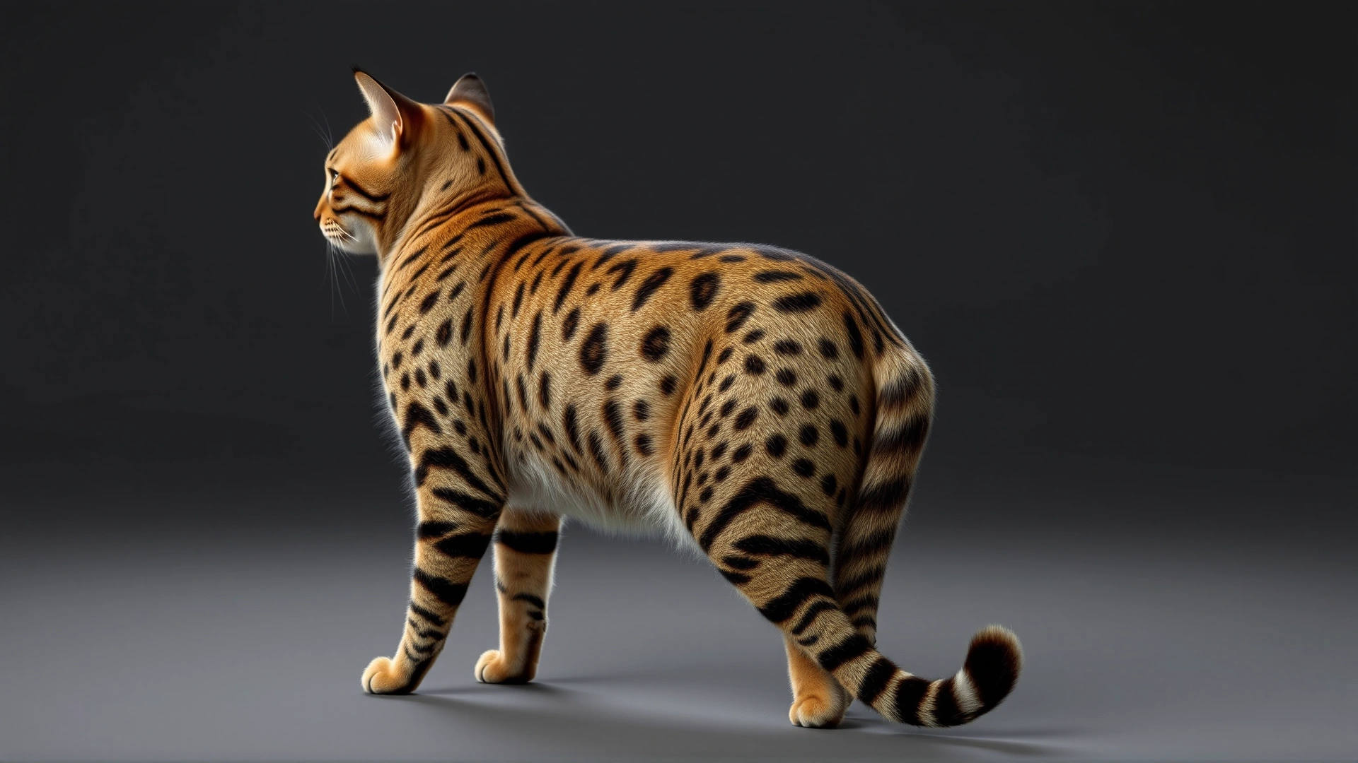 Side profile of an American Bobtail cat standing to showcase its muscular build and bobbed tail