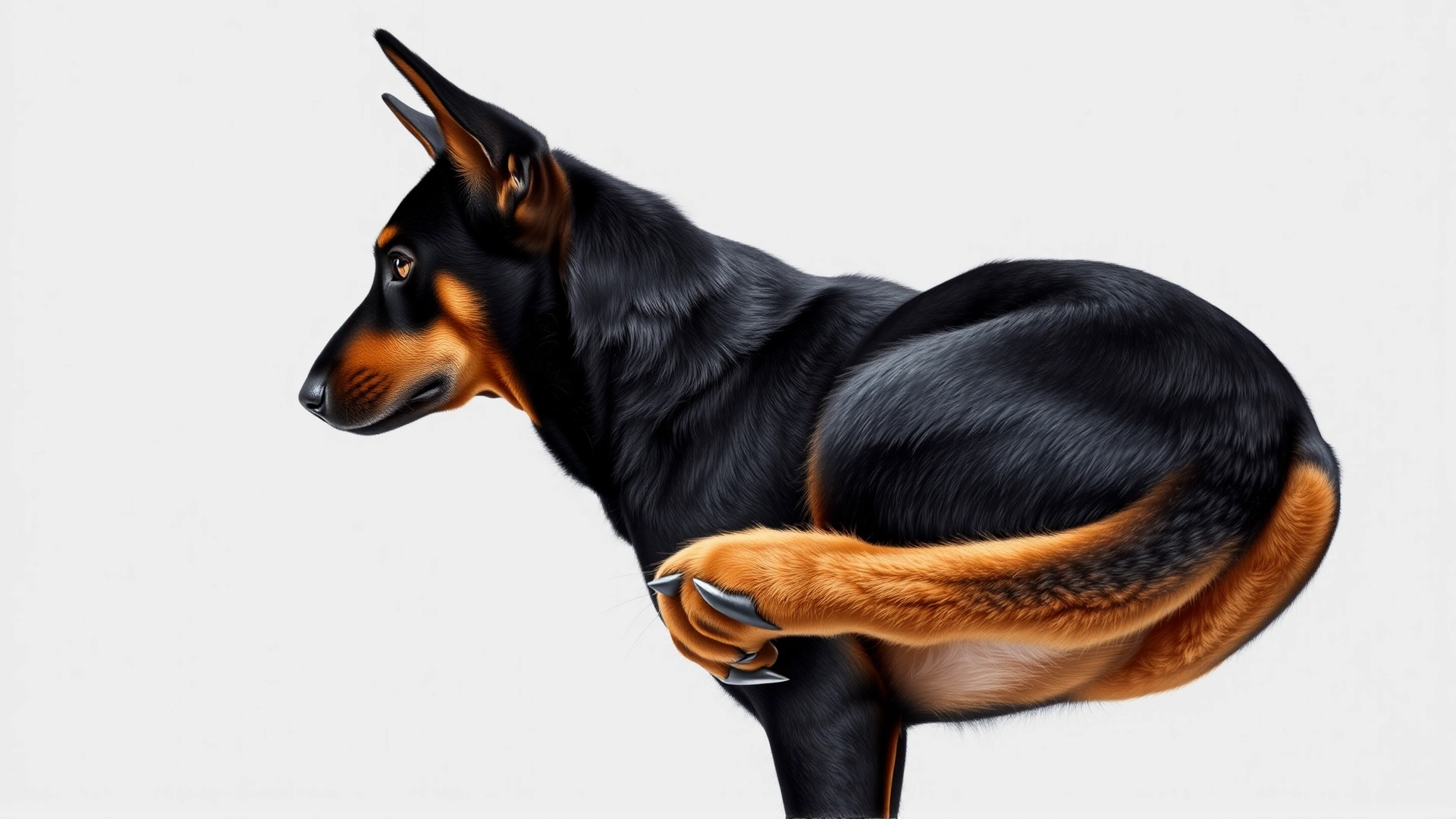 Close-up side profile of a Beauceron emphasizing its distinctive double hind dewclaws and dense black-and-tan coat, neutral studio background.