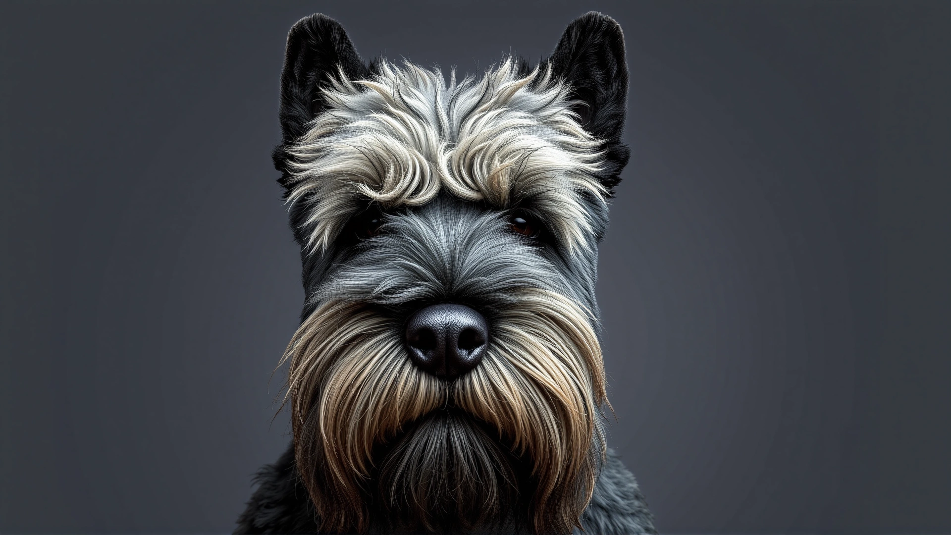 Close-up studio portrait of a Bouvier des Flandres showcasing its square head, thick double coat, and signature beard against a neutral gray background.