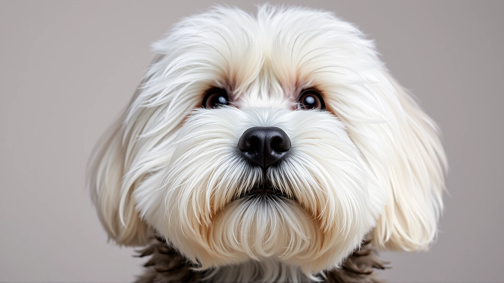 Close-up portrait of a Coton de Tulear against a neutral background, highlighting its round dark eyes, black nose, and fluffy coat.