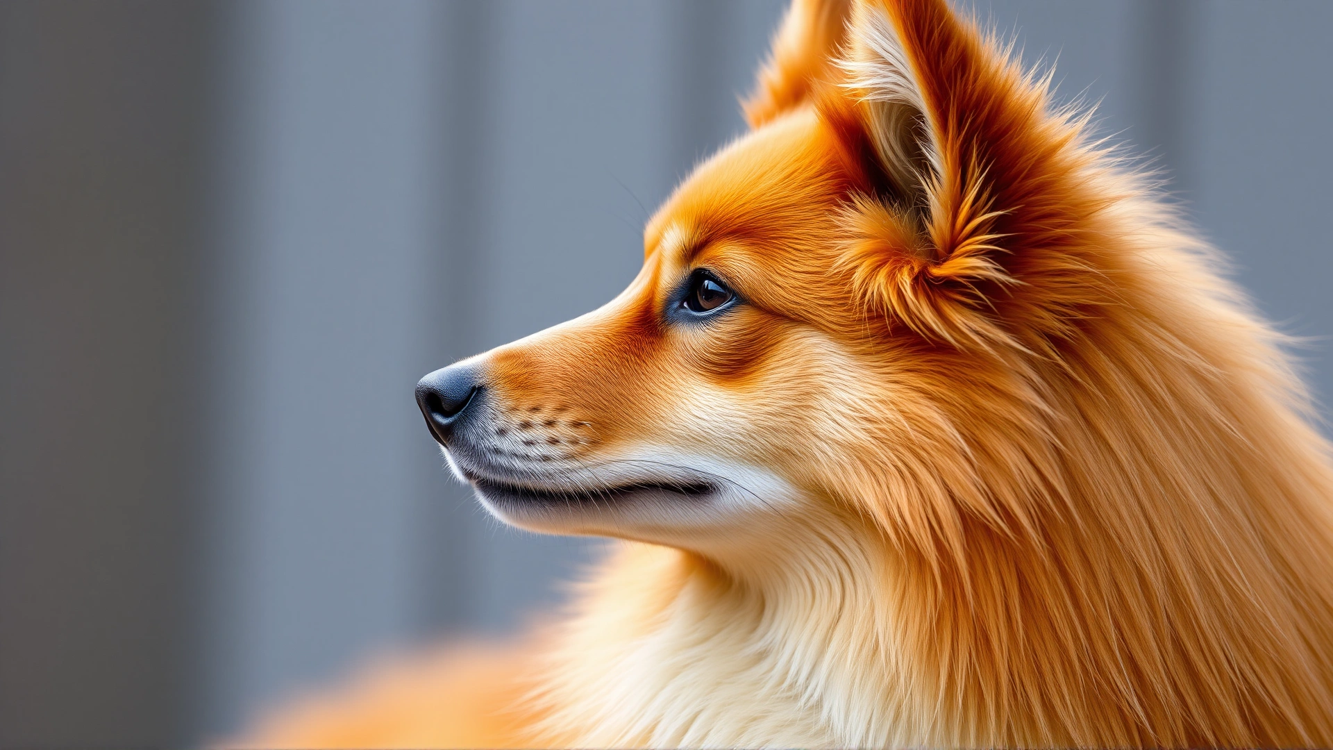 Close-up side profile of a Finnish Spitz highlighting pointed ears, fox-like face, and rich red double coat