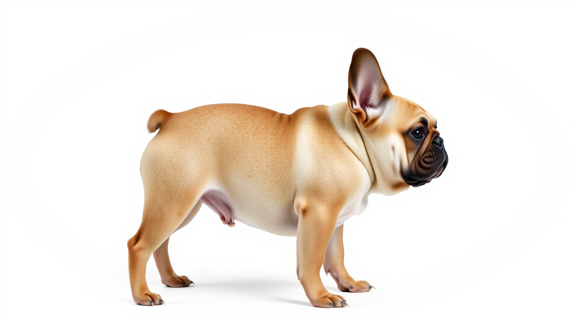 Side profile of an adult French Bulldog standing, highlighting its compact muscular body, short snout, and trademark bat ears, against a plain white background.