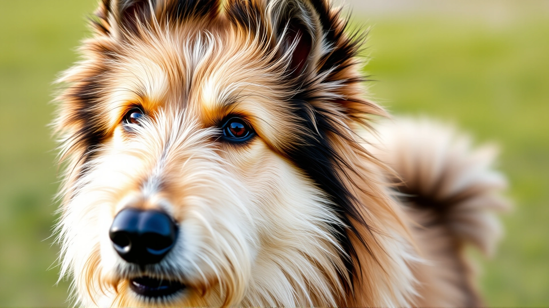 Close-up portrait of an Icelandic Sheepdog showcasing its double coat, pricked ears, and curled tail, shot in natural light.