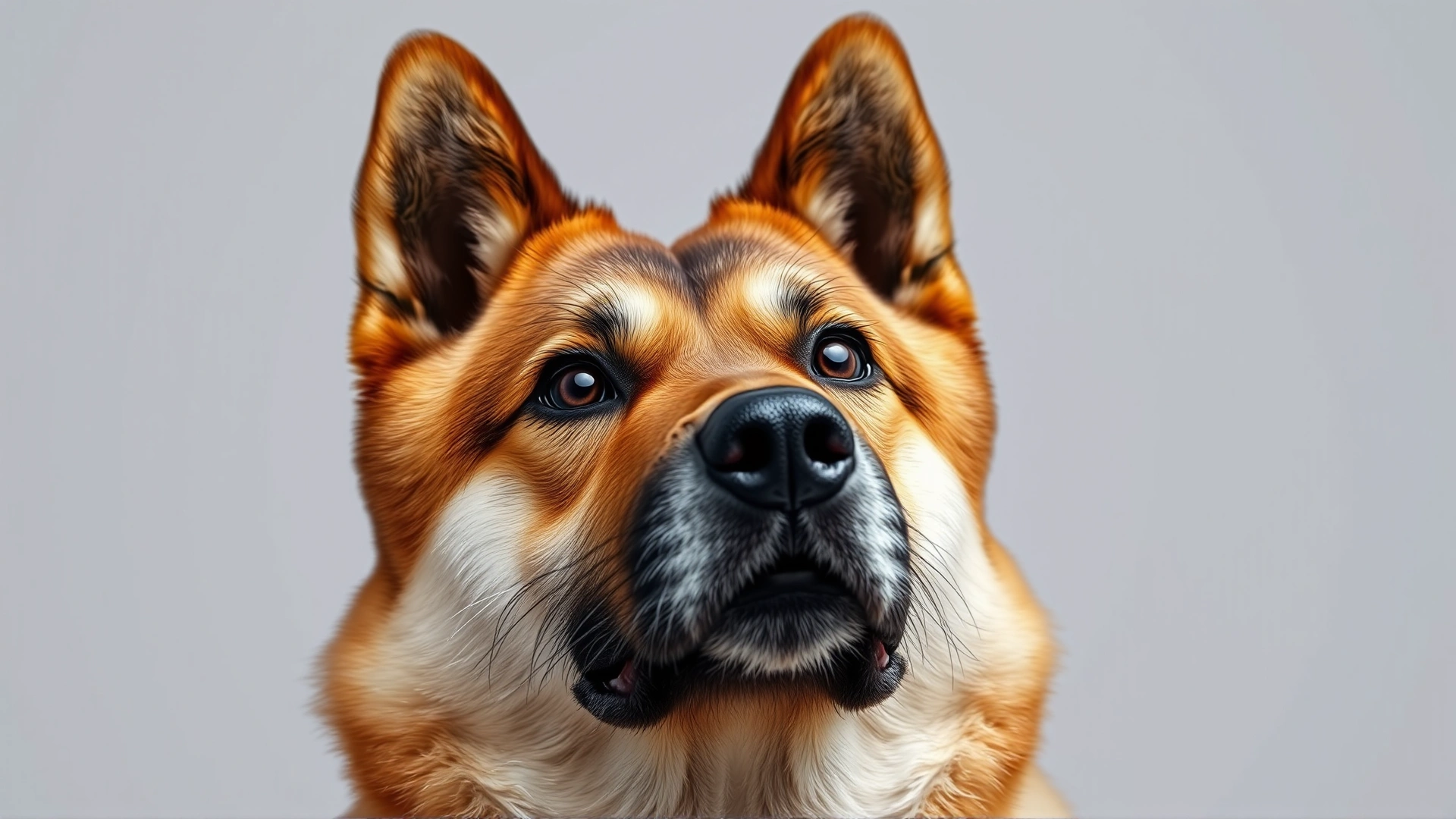 Close-up portrait of a Korean Jindo dog showing its almond-shaped eyes, erect triangular ears, and thick double coat against a neutral backdrop.