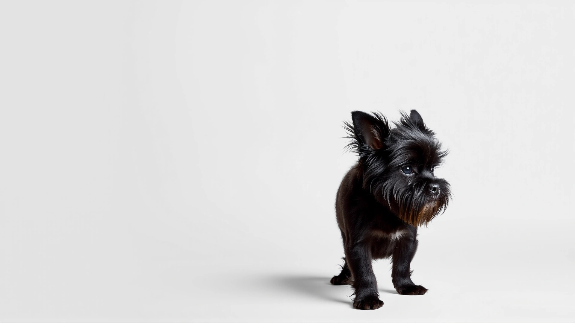 Side profile of an Affenpinscher standing on a plain neutral background to clearly display its compact body shape and proportions.