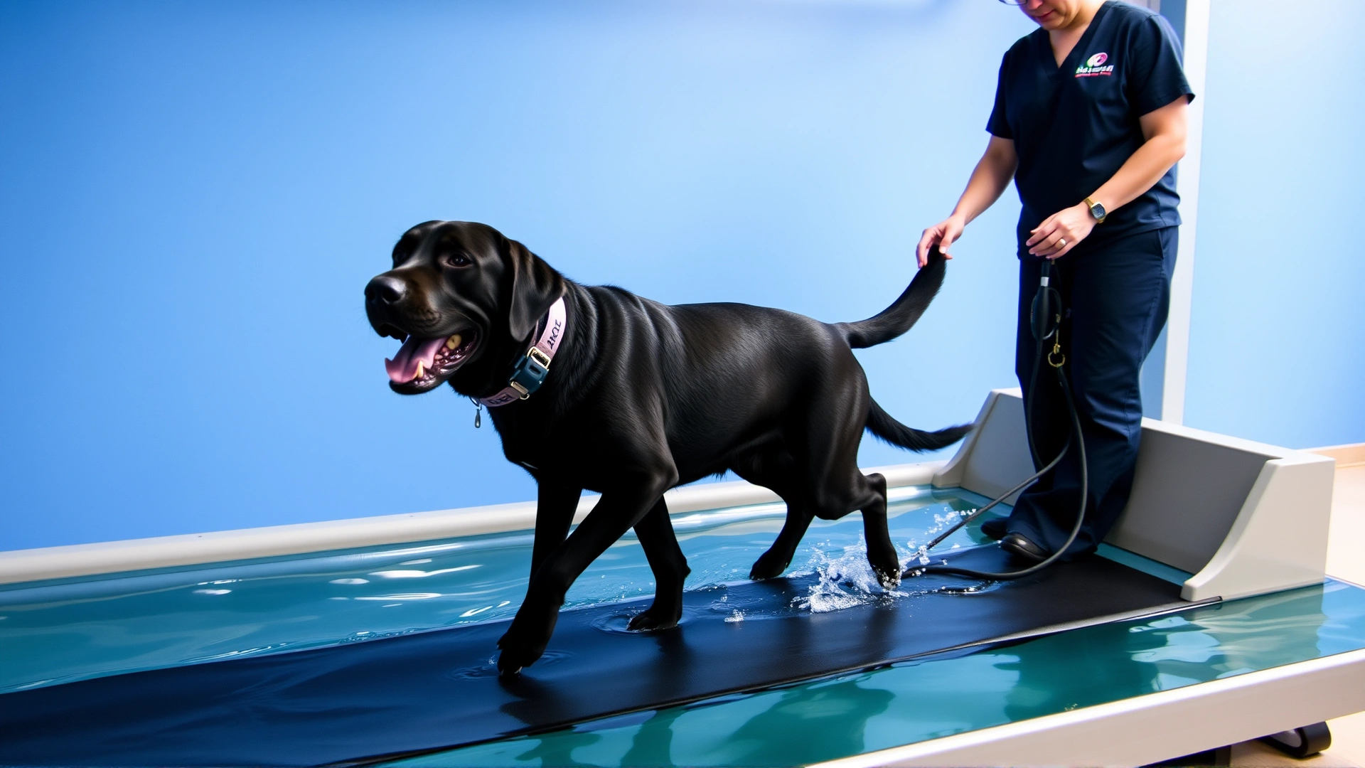 Black Labrador walking on an underwater treadmill during a canine physiotherapy session, guided by a veterinary therapist.