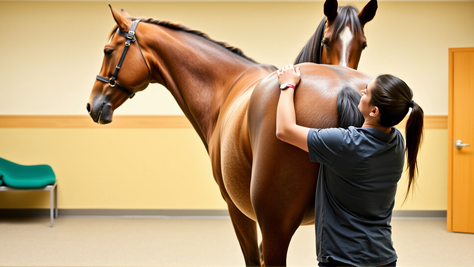 Horse undergoing physical therapy: therapist performing stretch exercises on the horse's hind limb inside a rehab facility.