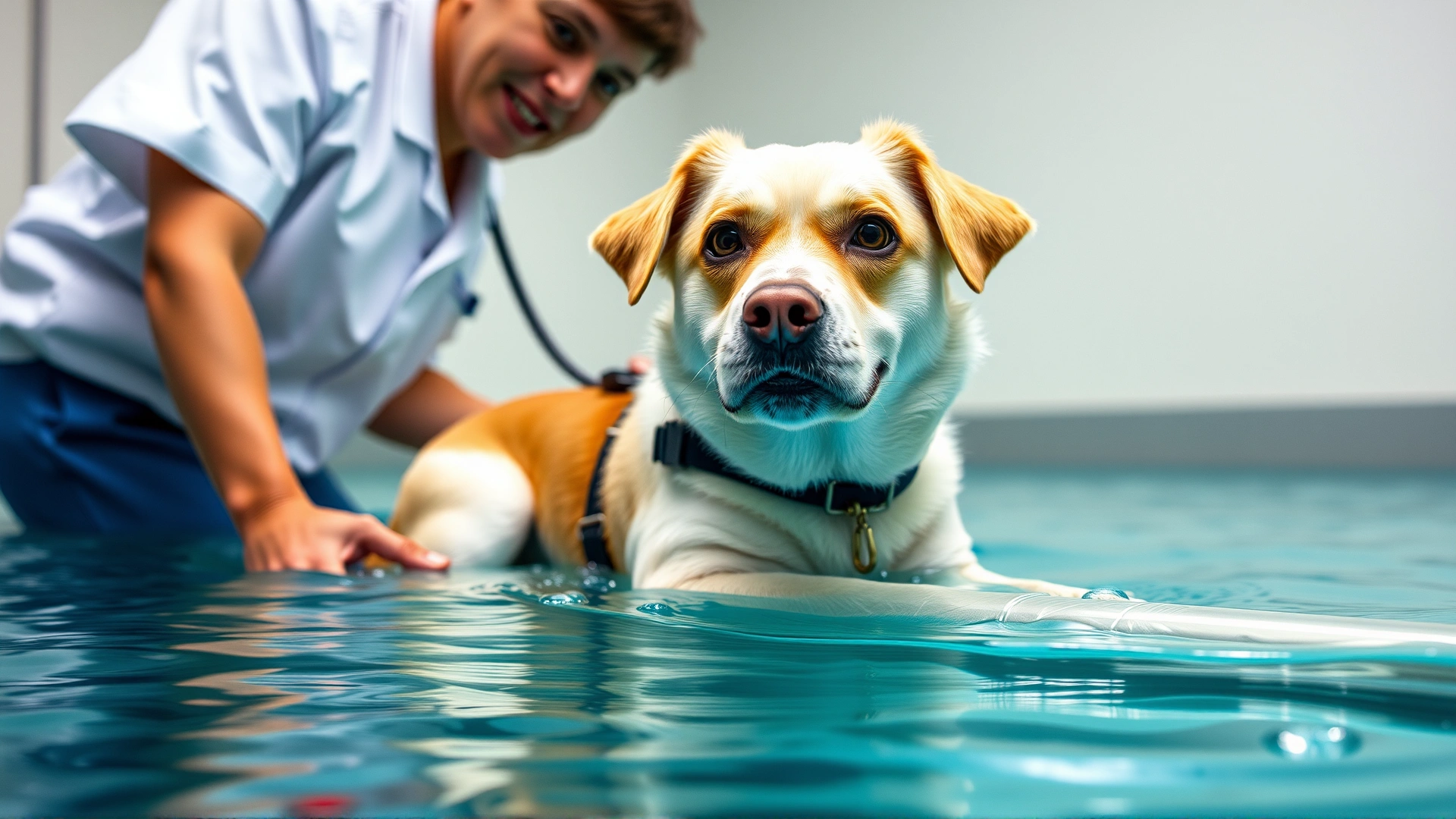 Veterinarian guiding a medium-sized dog through underwater treadmill therapy