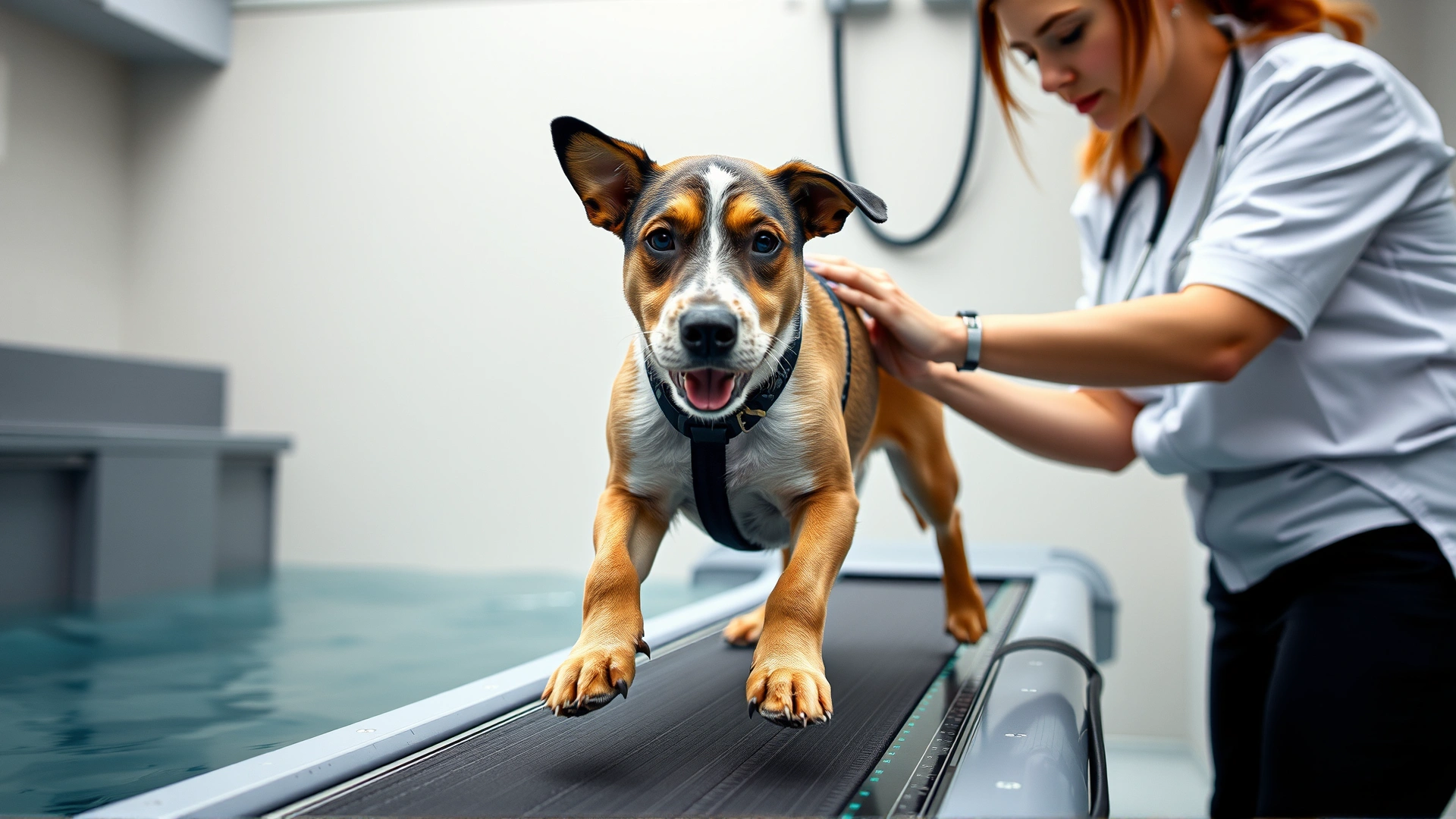 A veterinary physical therapist gently supporting a three-legged dog as it walks on an underwater treadmill.