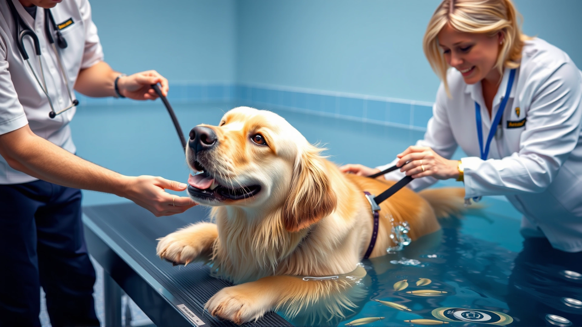 Certified canine physiotherapist guiding a golden retriever through underwater treadmill therapy session.