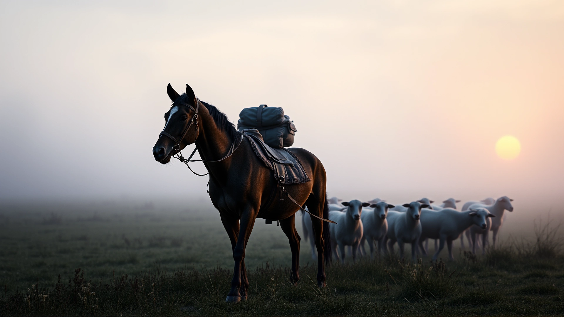 Vintage-style image of a shepherd with a Berger Picard herding sheep in the misty French countryside at dawn, evokes historical roots