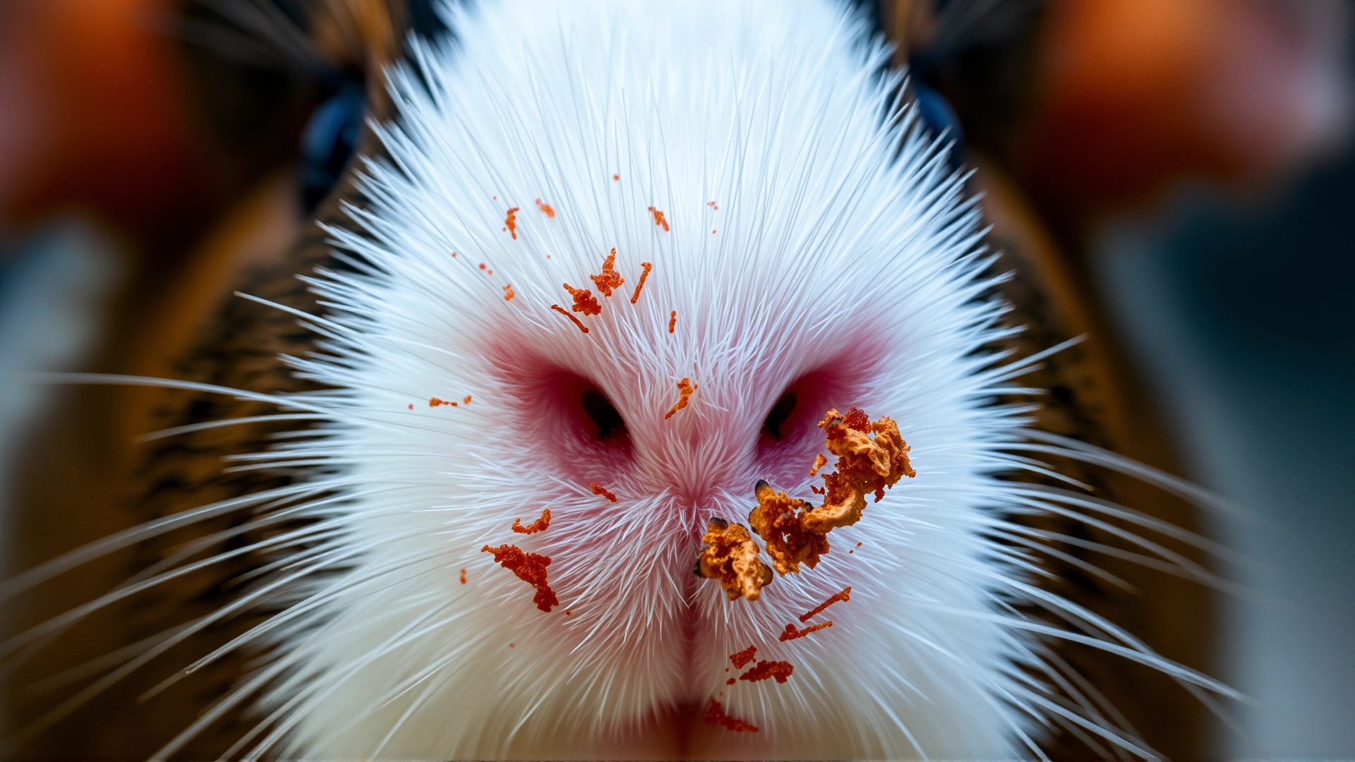 Macro shot of a guinea pig’s face showing dried reddish-brown porphyrin deposits near the nostril and eye for clear visual reference