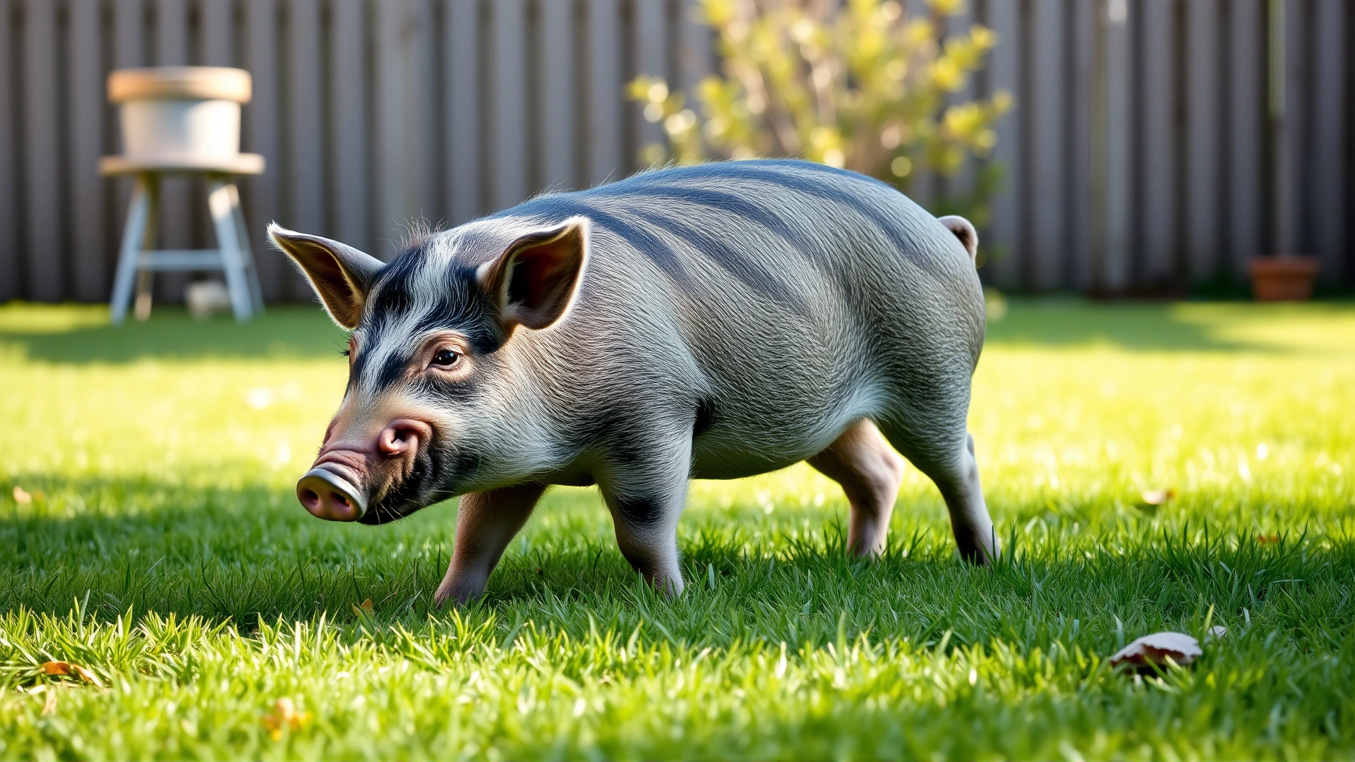 Potbellied pig walking on fresh green grass in a backyard during a sunny day, showcasing its compact body and round belly.