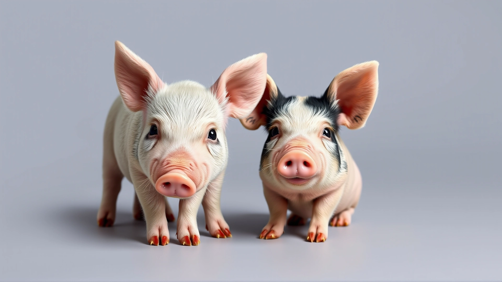 Side-by-side comparison: a young teacup piglet next to a full-grown miniature pig to show size difference, neutral background, clear lighting