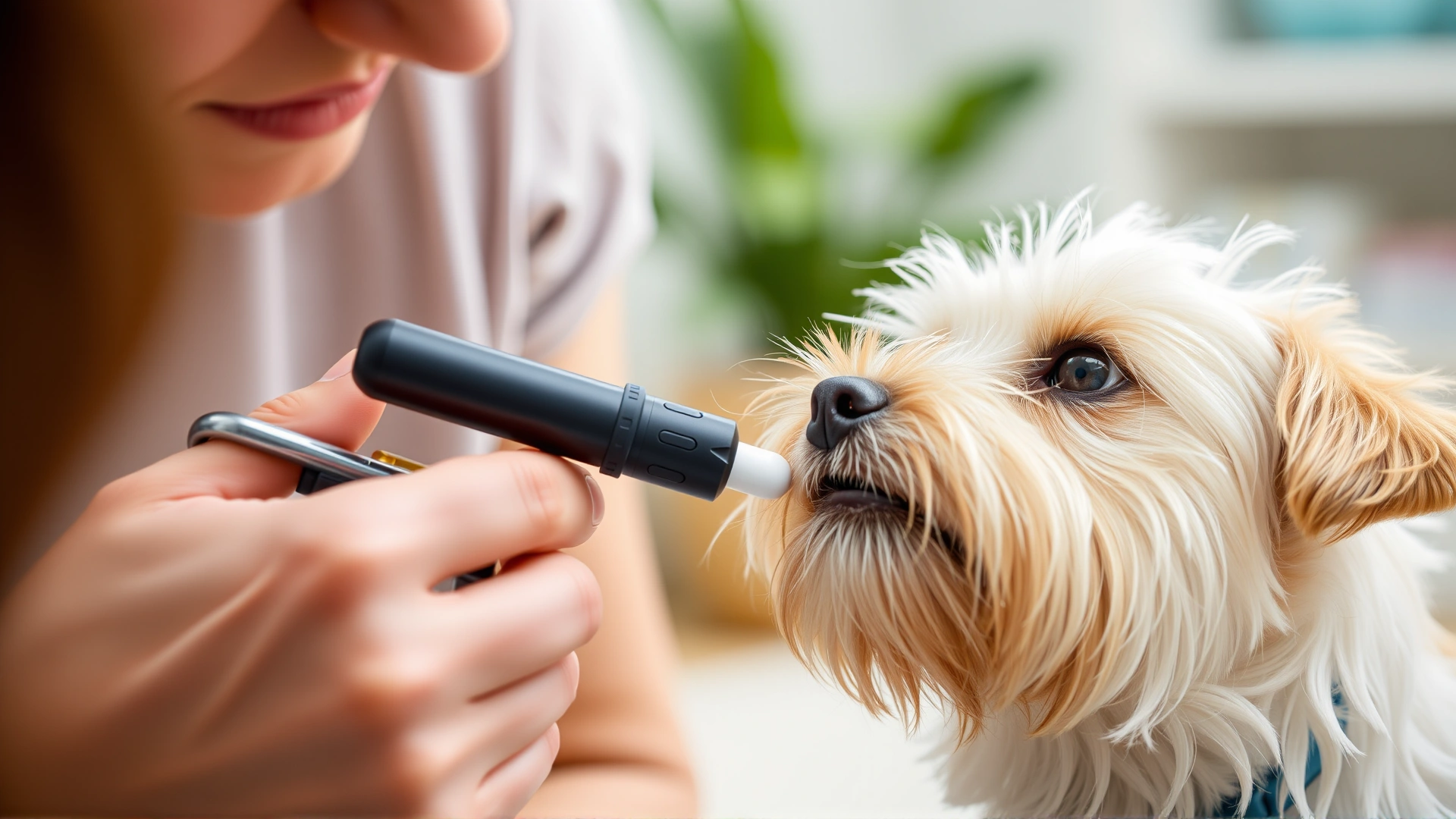 Close-up shot of a pet owner gently giving a pill to a small terrier dog using a pill popper tool at home.