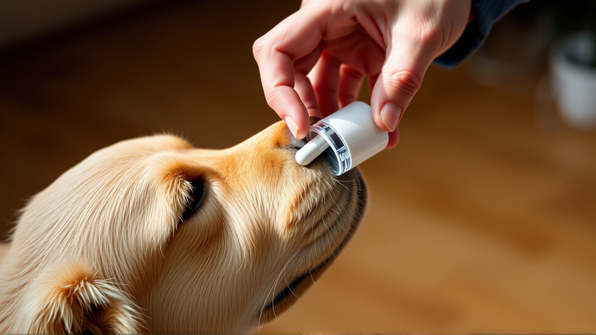 Close-up of a human hand giving a capsule to a golden retriever, using a pill dispenser, with soft natural lighting.