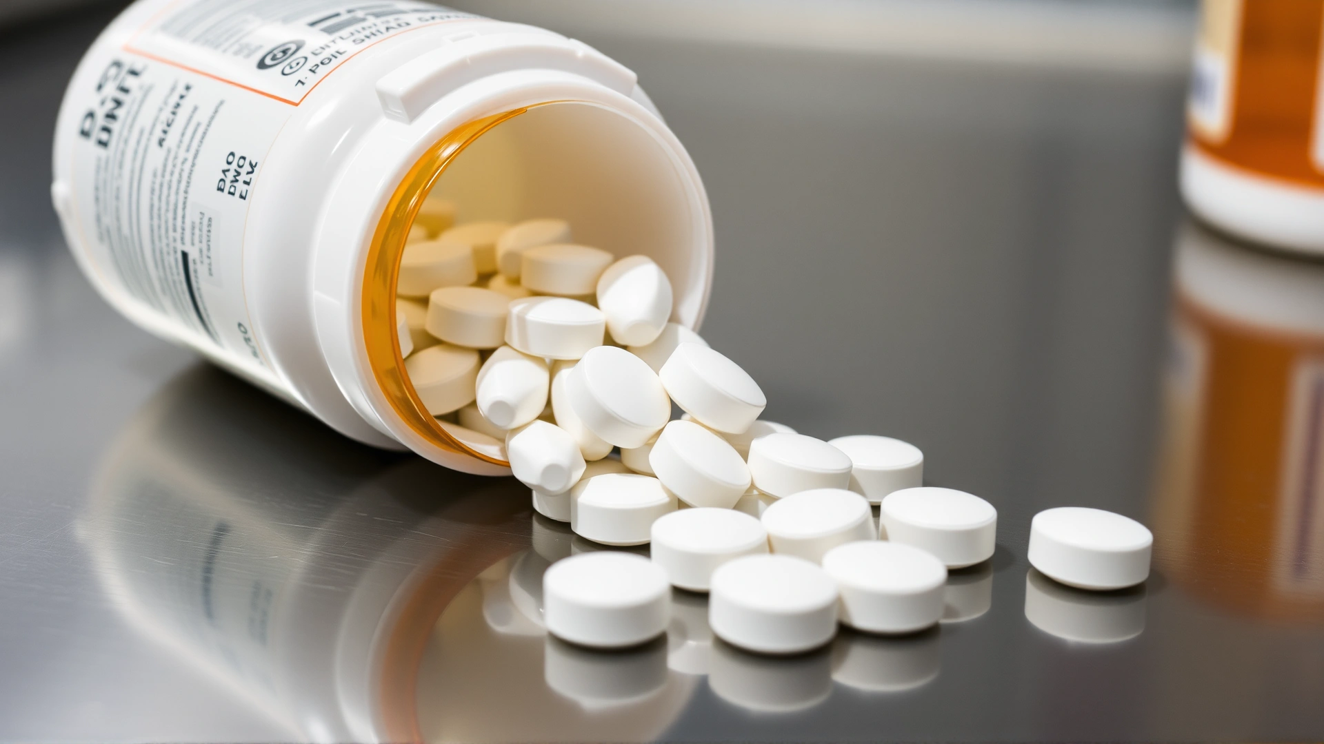 Macro shot of generic acetazolamide tablets spilling out of a white prescription bottle on a stainless steel veterinary counter.