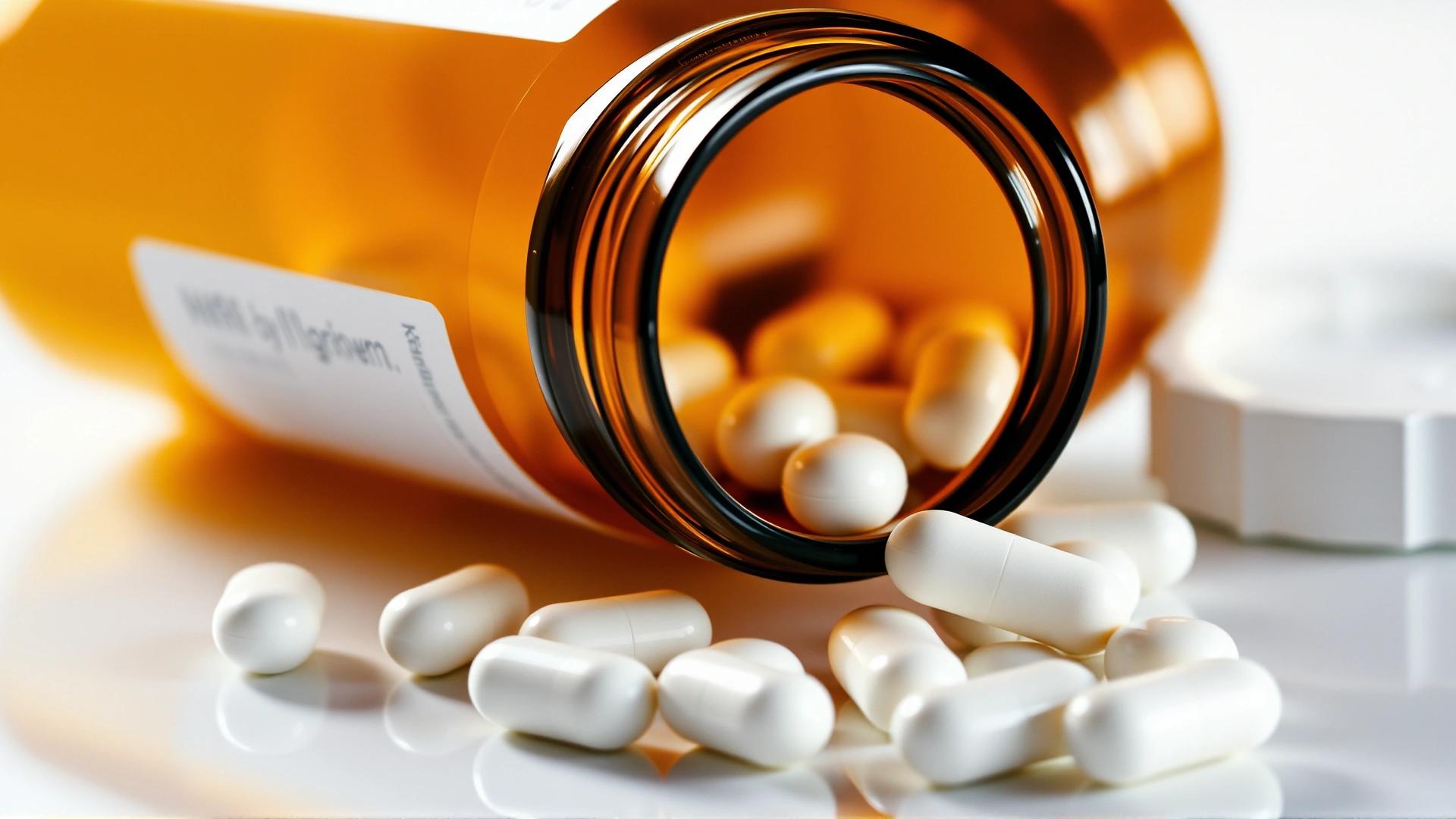 Close-up of a brown pharmacy pill bottle lying on its side with small white tablets spilled on a sterile white surface