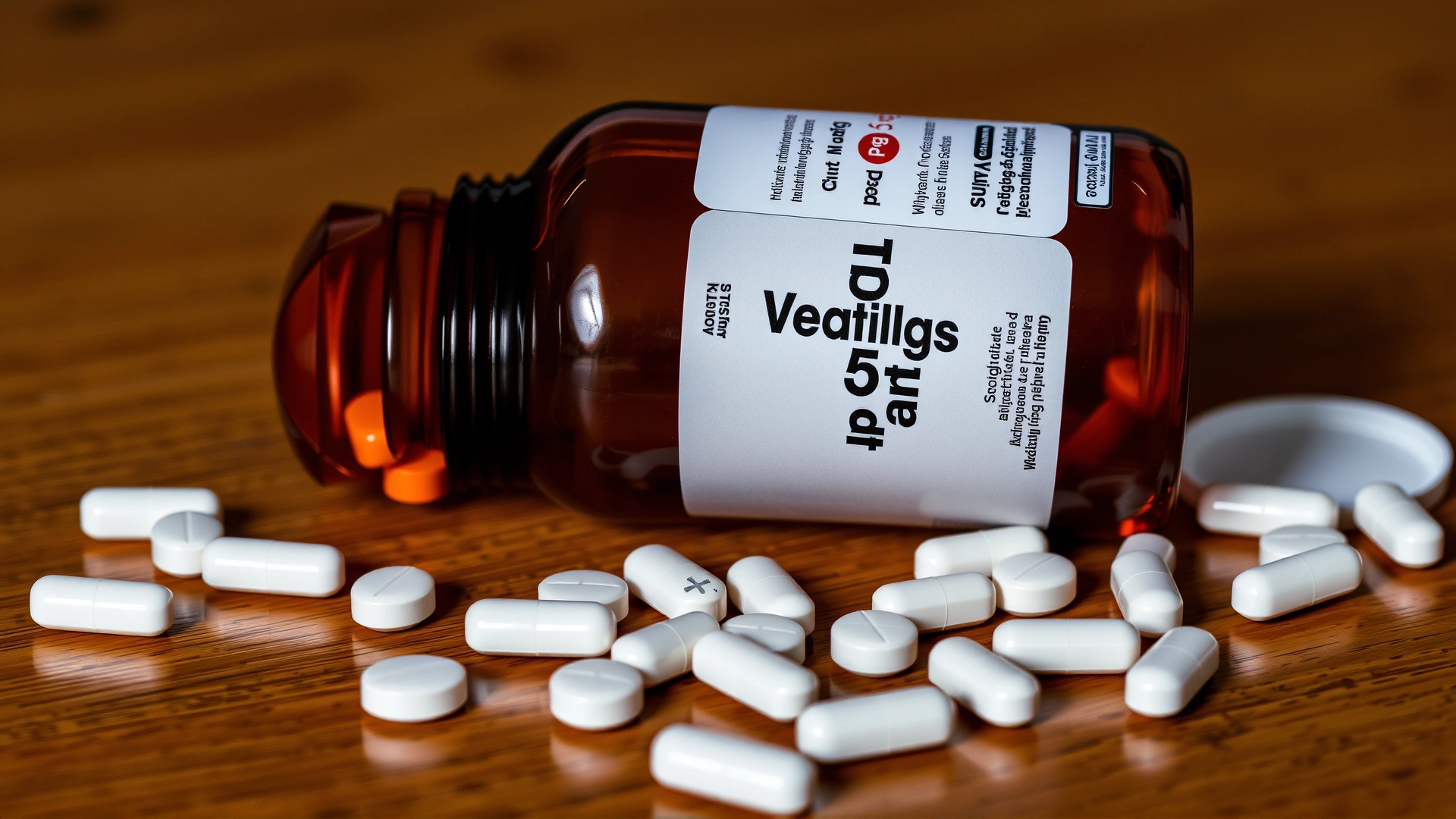 A veterinary pill bottle labeled for dogs placed next to scattered tablets on a wooden table.