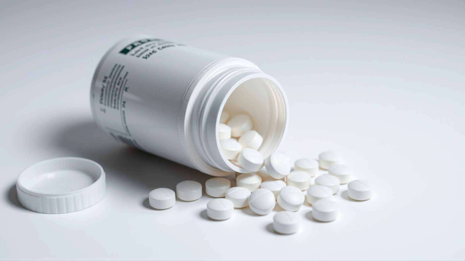 Close-up of an open white pill bottle with small round tablets spilling out on a clean surface, no branding, no text