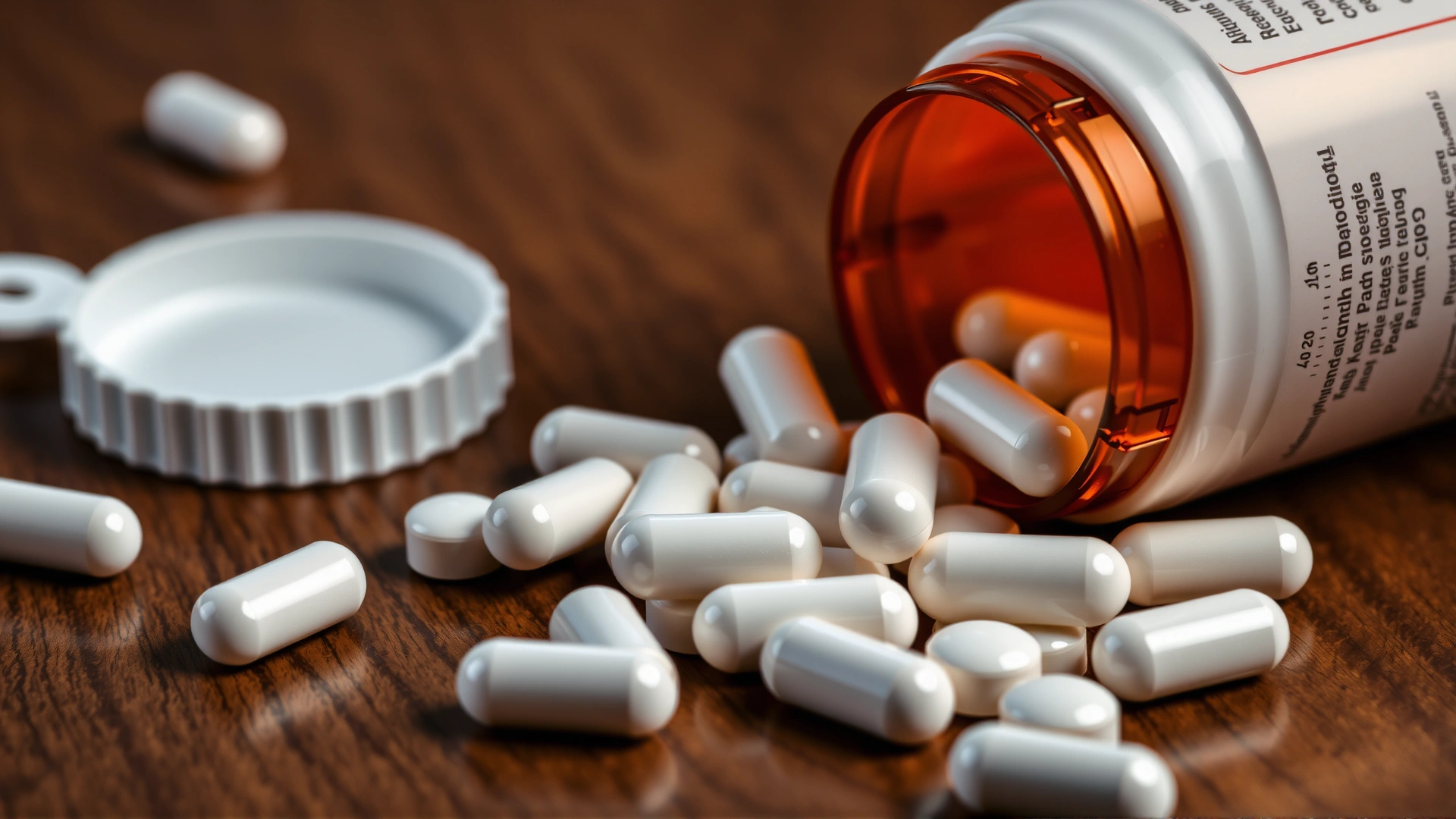 Macro shot of generic white tablets spilling from an unbranded pill bottle on a wooden table
