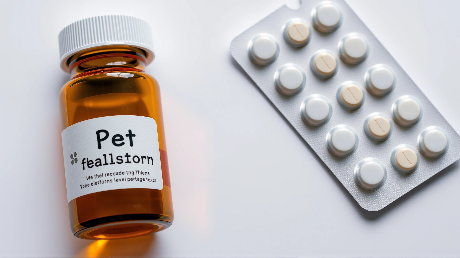Brown glass prescription bottle labeled for pet medication (no visible text) next to a blister pack of tablets on a white background.
